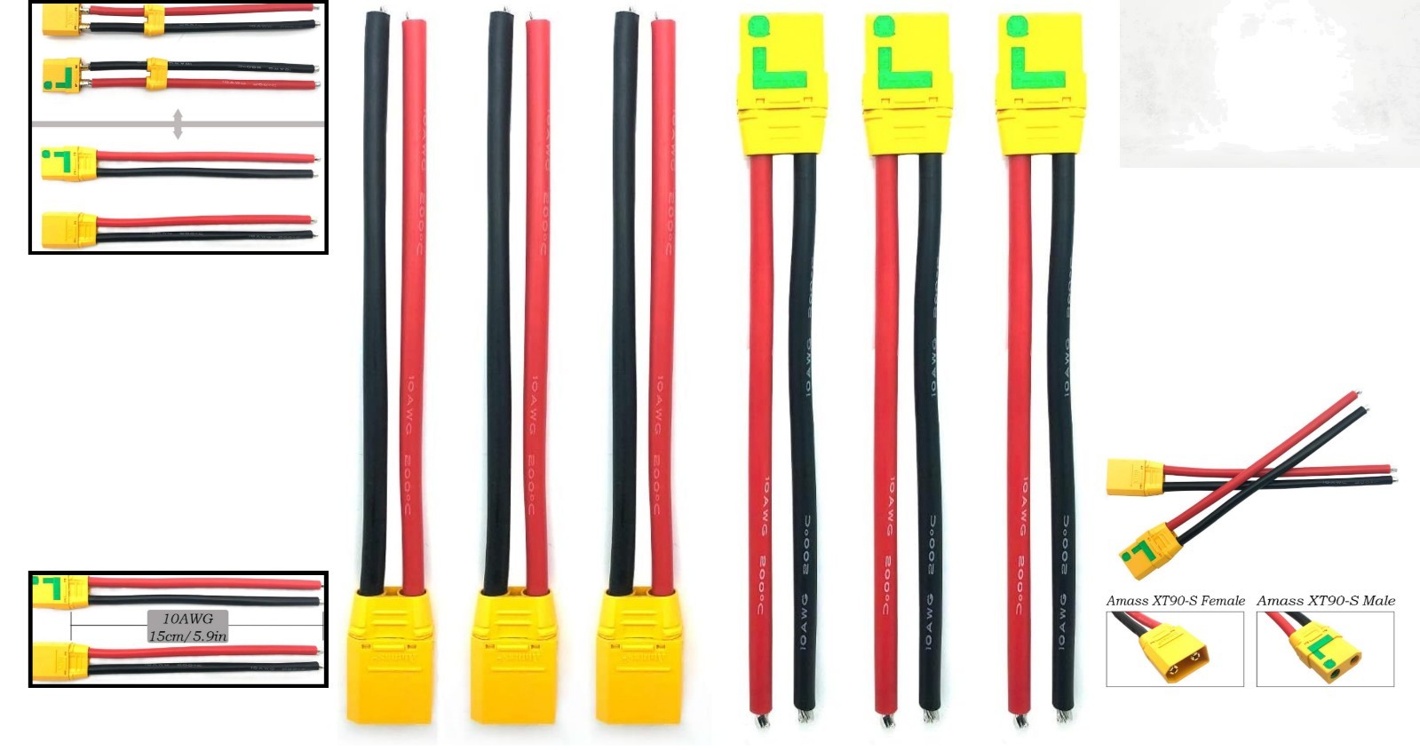 3 Pairs Amass XT90S XT90 Connectors with 150mm 10AWG Silicon Wire – Anti-Spar…