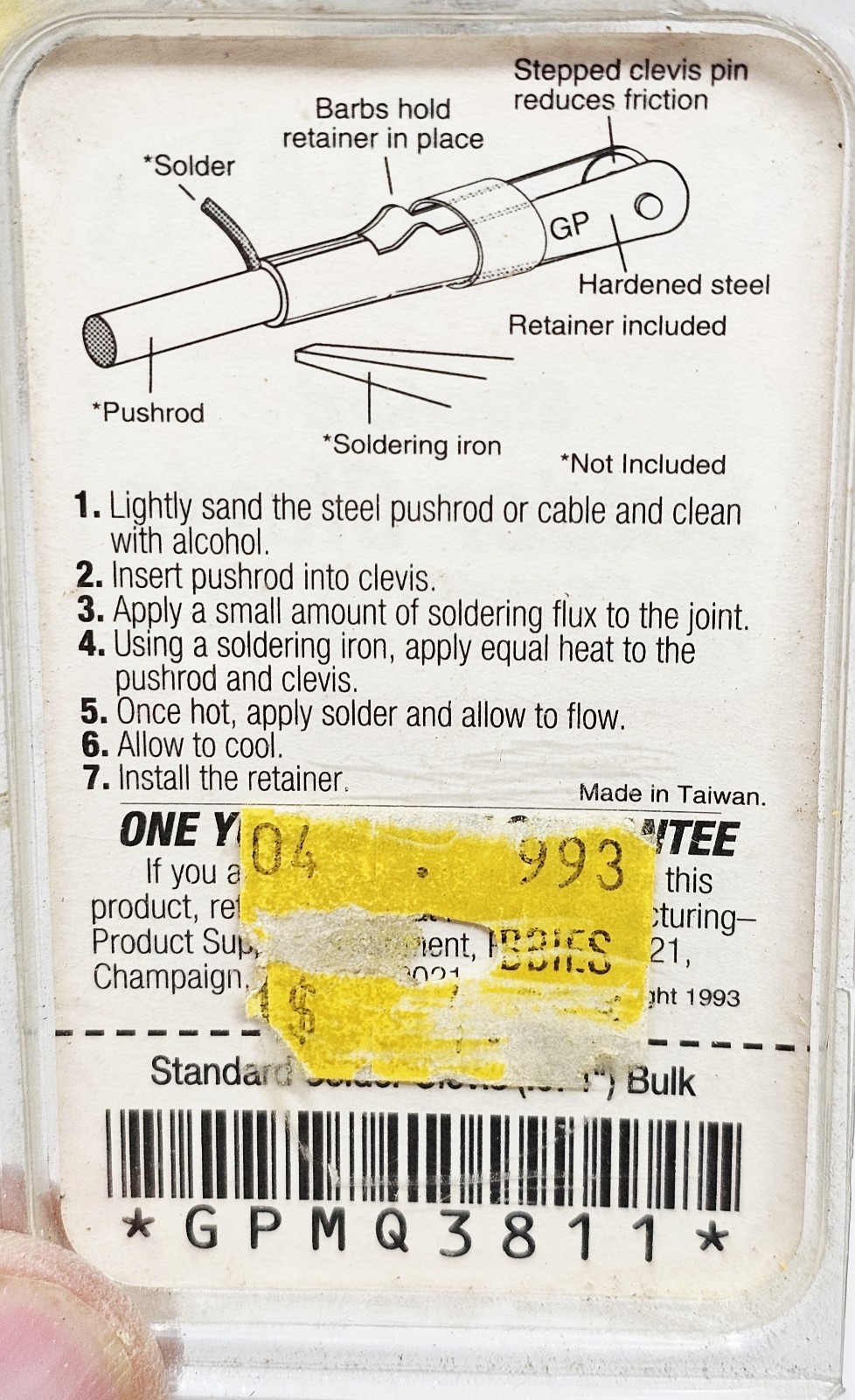 Great Planes Standard Solder Clevis GPMQ3811 .074 Wire 12pc NOS RC Airplane