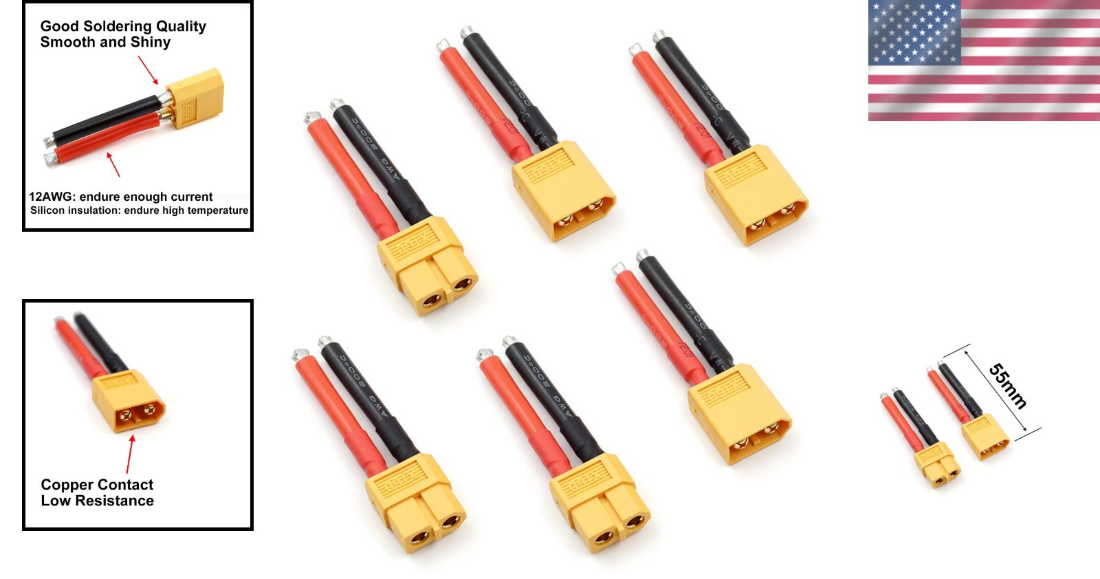High-Performance 3 Pairs XT60 Connectors with 12AWG Silicone Wire – 55A Rating