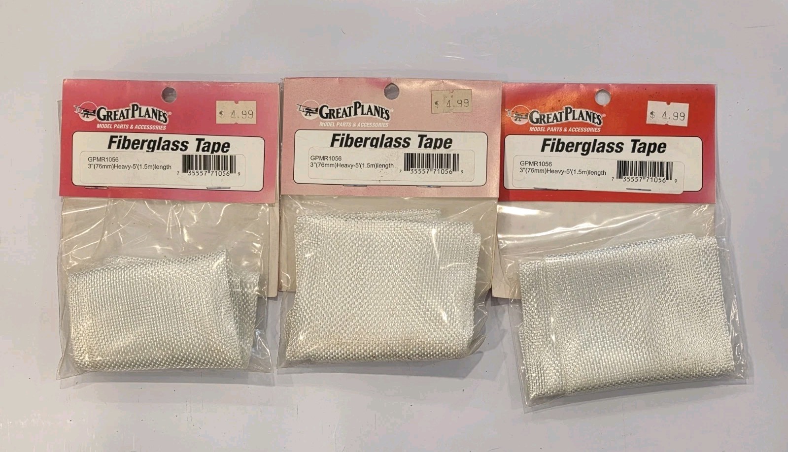 Three (3) Pkgs Great Planes Fiberglass Tape Heavy 4″ x 5′ GPMR1058 NIP