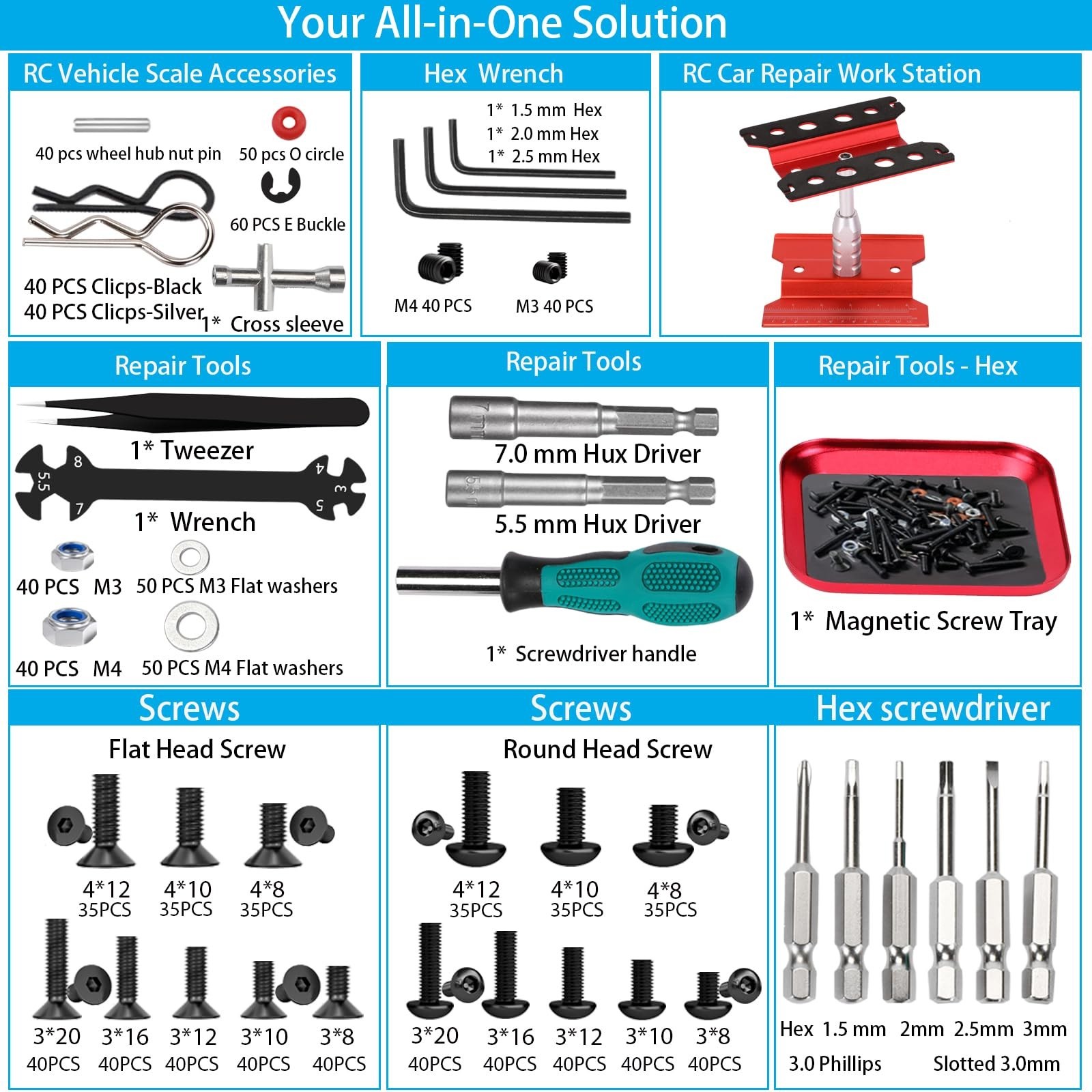RC Car Repair Work Stand, 1100pcs RC Screw Kit and Vehicle Scale Accessories …