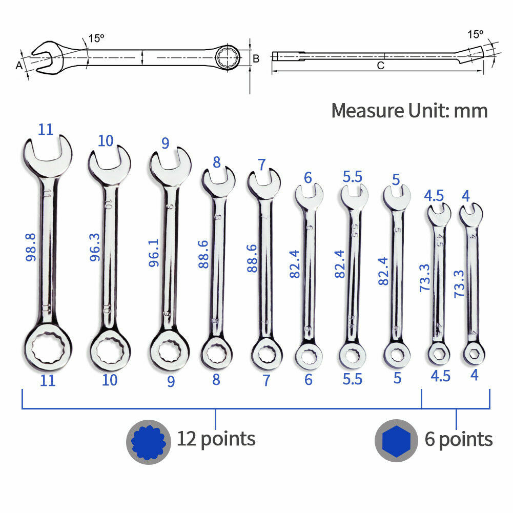 10-Piece High Quality Metal Miniature Metric Combination Wrench Set 4mm-11mm US