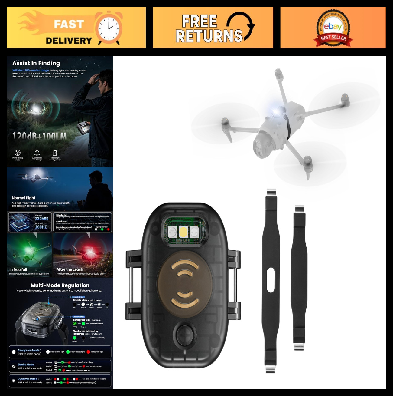 Drone Strobe Light & Alarm Buzzer – Rechargeable LED 120dB for Night Flying, Fit