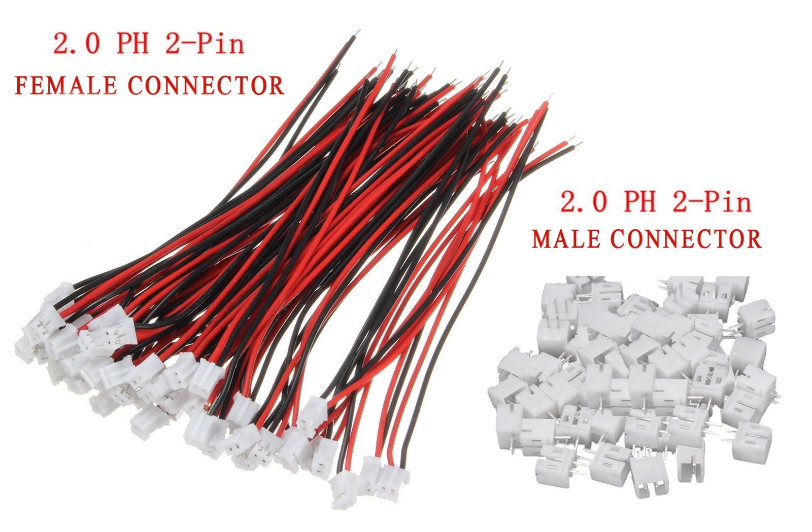 5 pairs Mini Micro JST PH 2.0mm 2Pin, 5 FEMALE W. Cable & 5 MALE Board Conn.