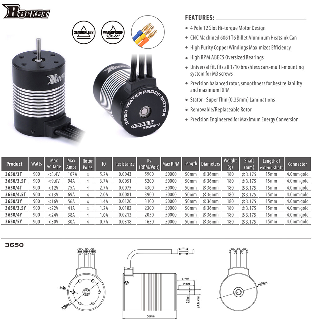 Rocket 3650 Brushless Motor 2300/3100KV/4300KV/ 5200KV 7700KV for 1/10 RC Car