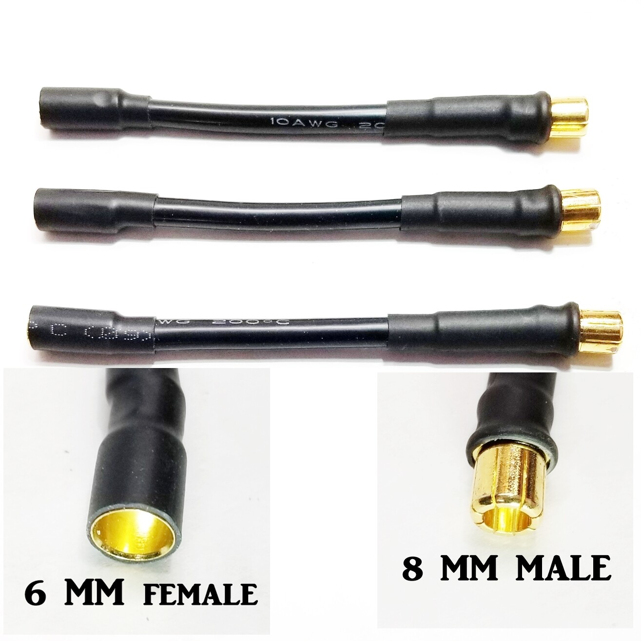 RCP Motor Wires 8mm Male to 6mm Female Brushless Motor Wire Adapters 3 or 6″