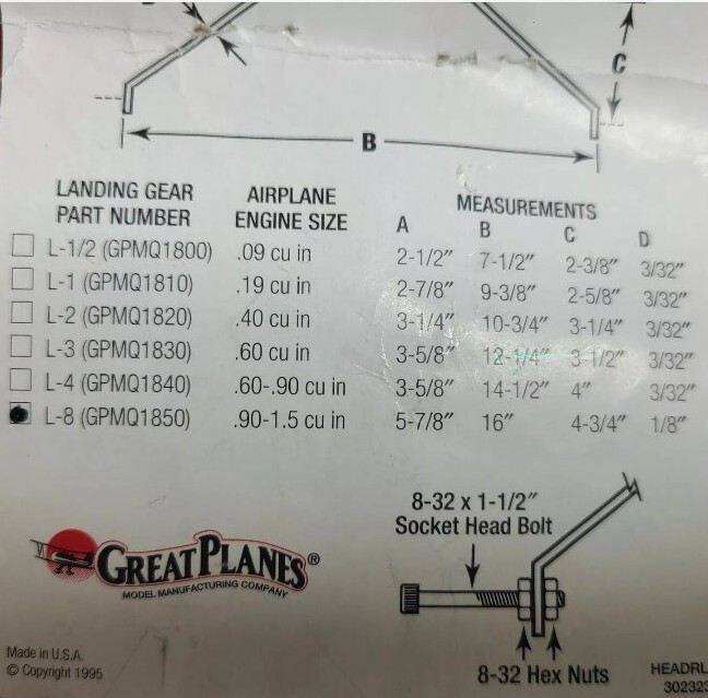 Great Planes Dural Aluminum Landing Gear L-1 .19 Size GPMQ1810 – NEW!