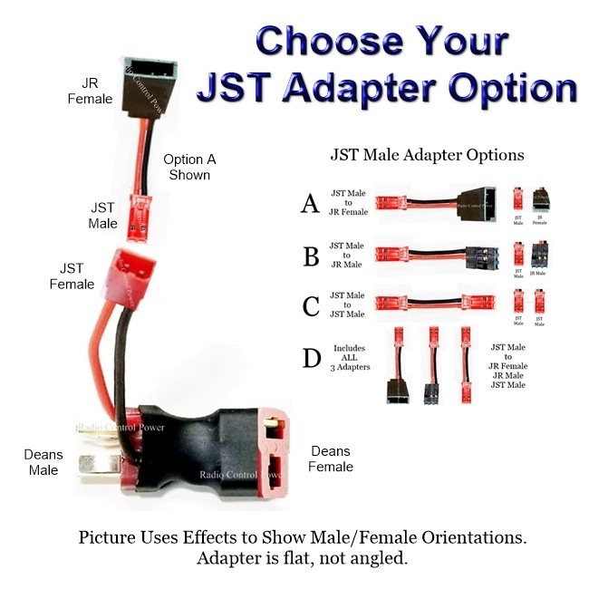 RCP-JRJST Deans Power Tap Connector to JST Female Deans Male to Deans Female