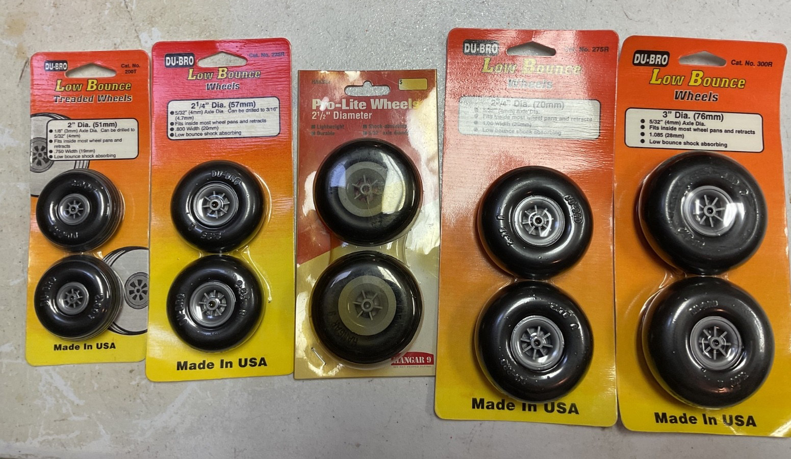DuBro 2″ , 2 1/4”, 2 1/2”, 2 3/4”, and 3” wheels (5 sets)