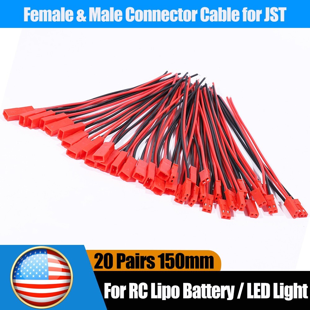 20set Cable Wire for JST Plug Male Female Connector RC Lipo Battery 1.25PH 2-Pin