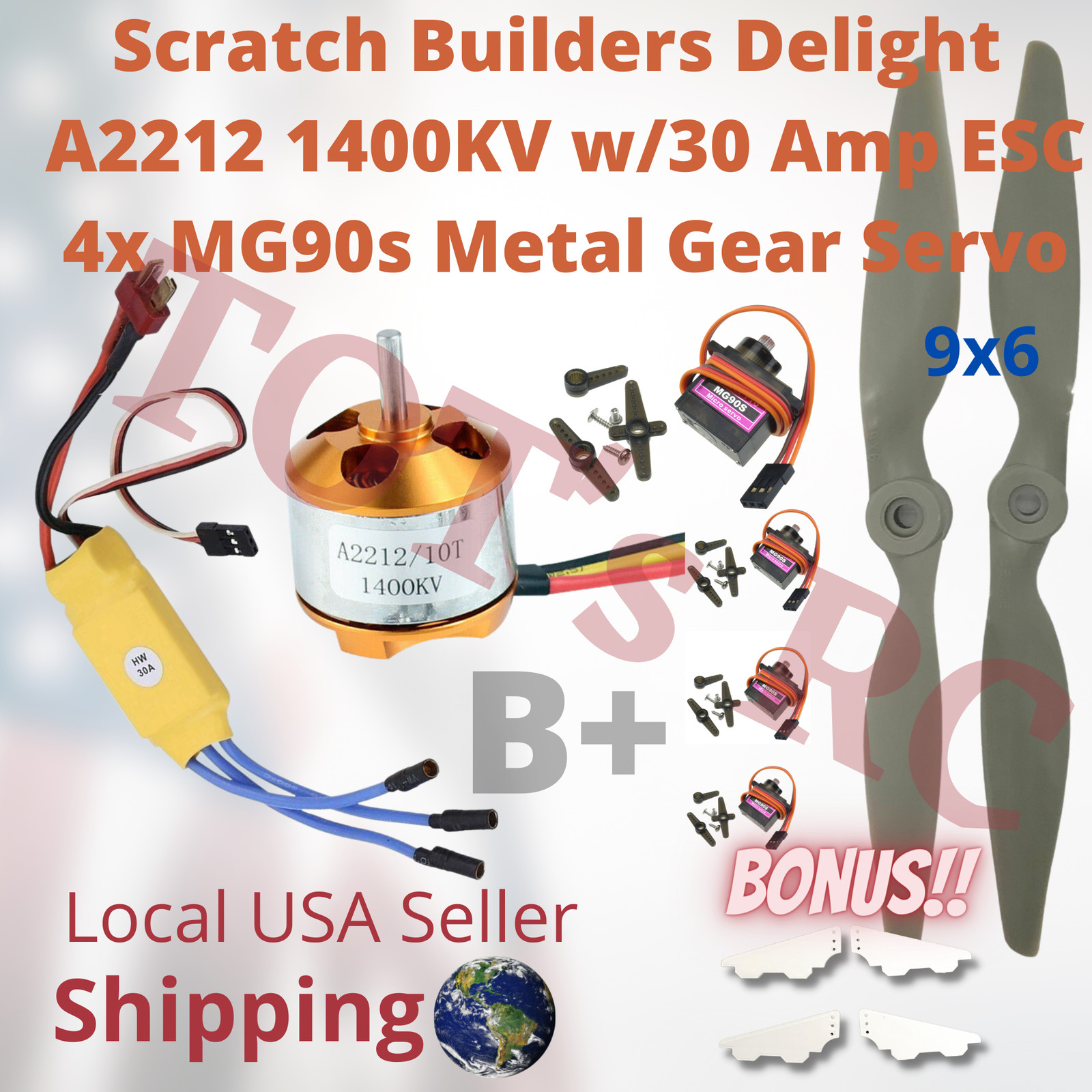 A2212 1000kv-1400kv | 30 AMP ESC 4x MG90s Mini Servo 3s ESC 30a ESC Props 9×6