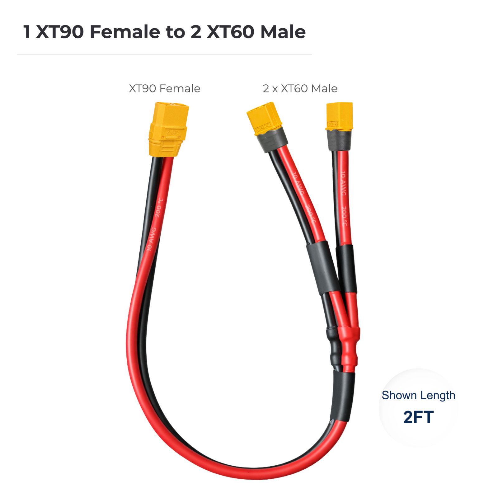 XT90 to XT60 Y Splitter Cable 10AWG Female Male Connector 2 Way 1 to 2