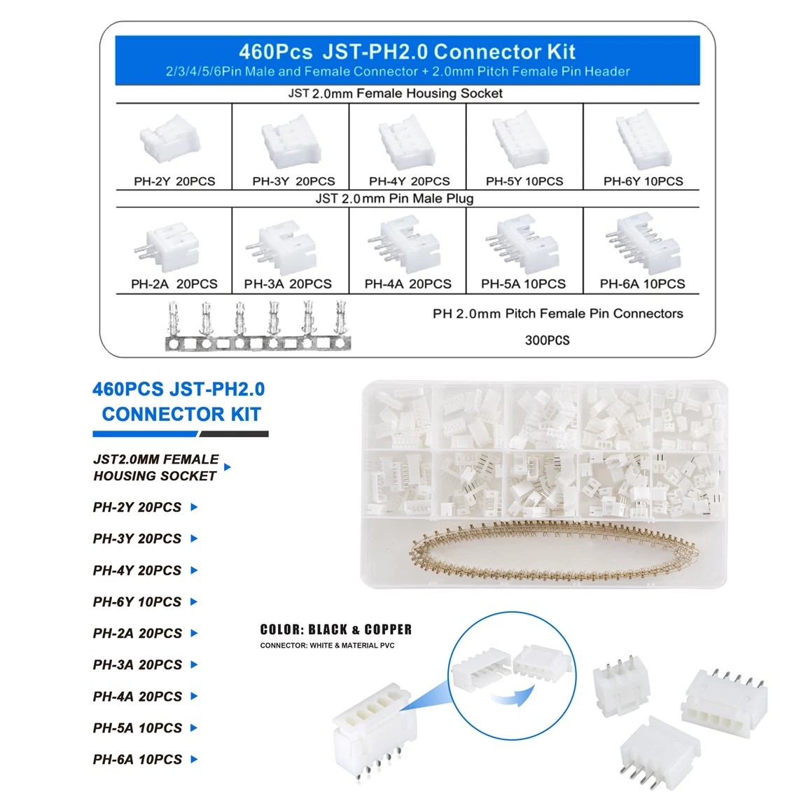 460Pcs 2.54mm JST-XH Connector Kit with 2.0mm Female Pin Header and 2/3/4/5/6