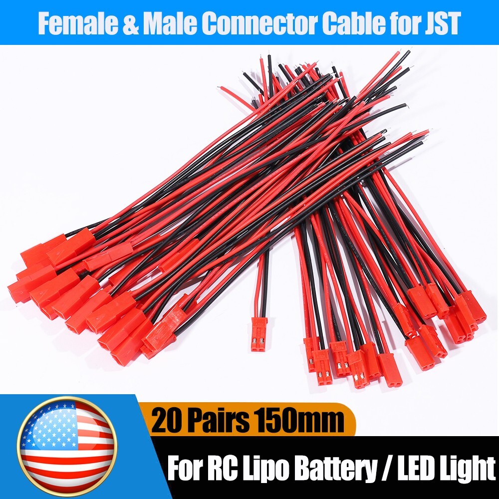 20set Cable Wire for JST Plug Male Female Connector RC Lipo Battery 1.25PH 2-Pin