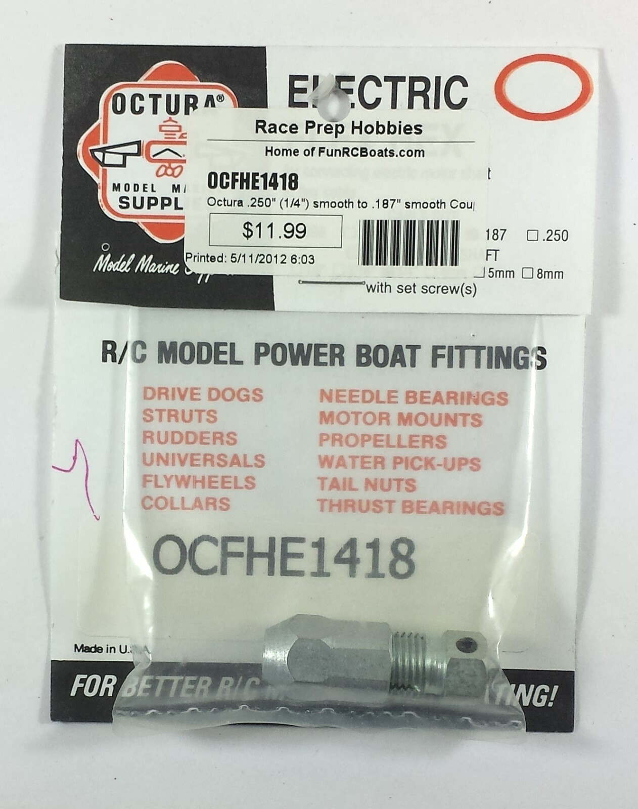 Octura OCFHE1418 Flex Hex Assembly for connecting flexible shaft to motor.