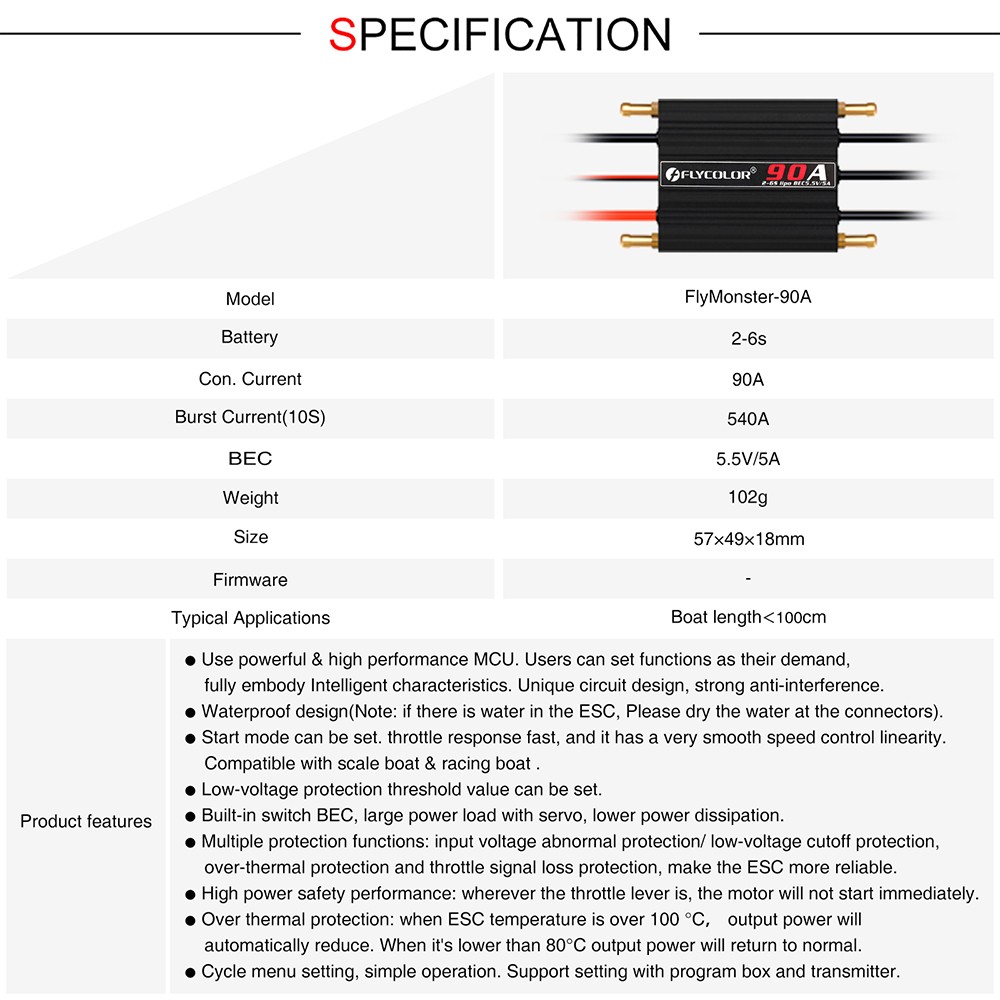 Flycolor 90A Brushless ESC +Program Card 2-6S for RC Electric Gasoline Jet Boats