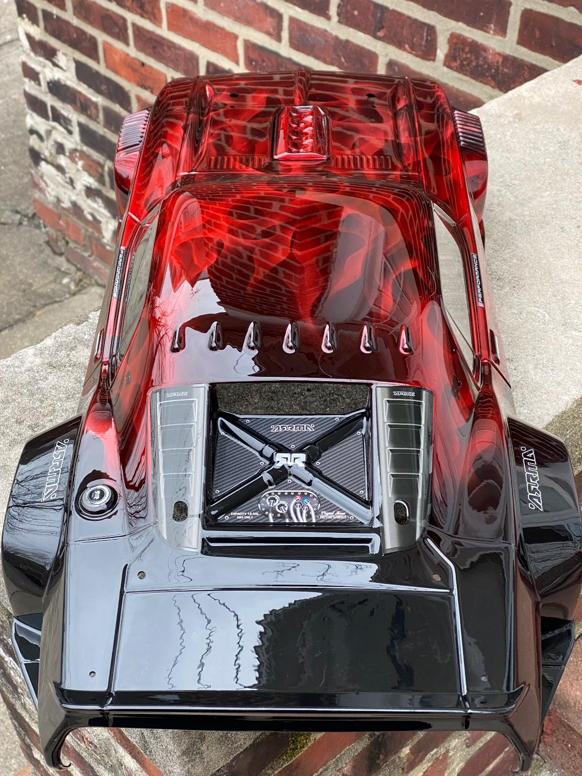 CUSTOM PAINTED RC BODY, ARRMA FELONY 1/7 SCALE, CANDY RED CHROME FLAMES