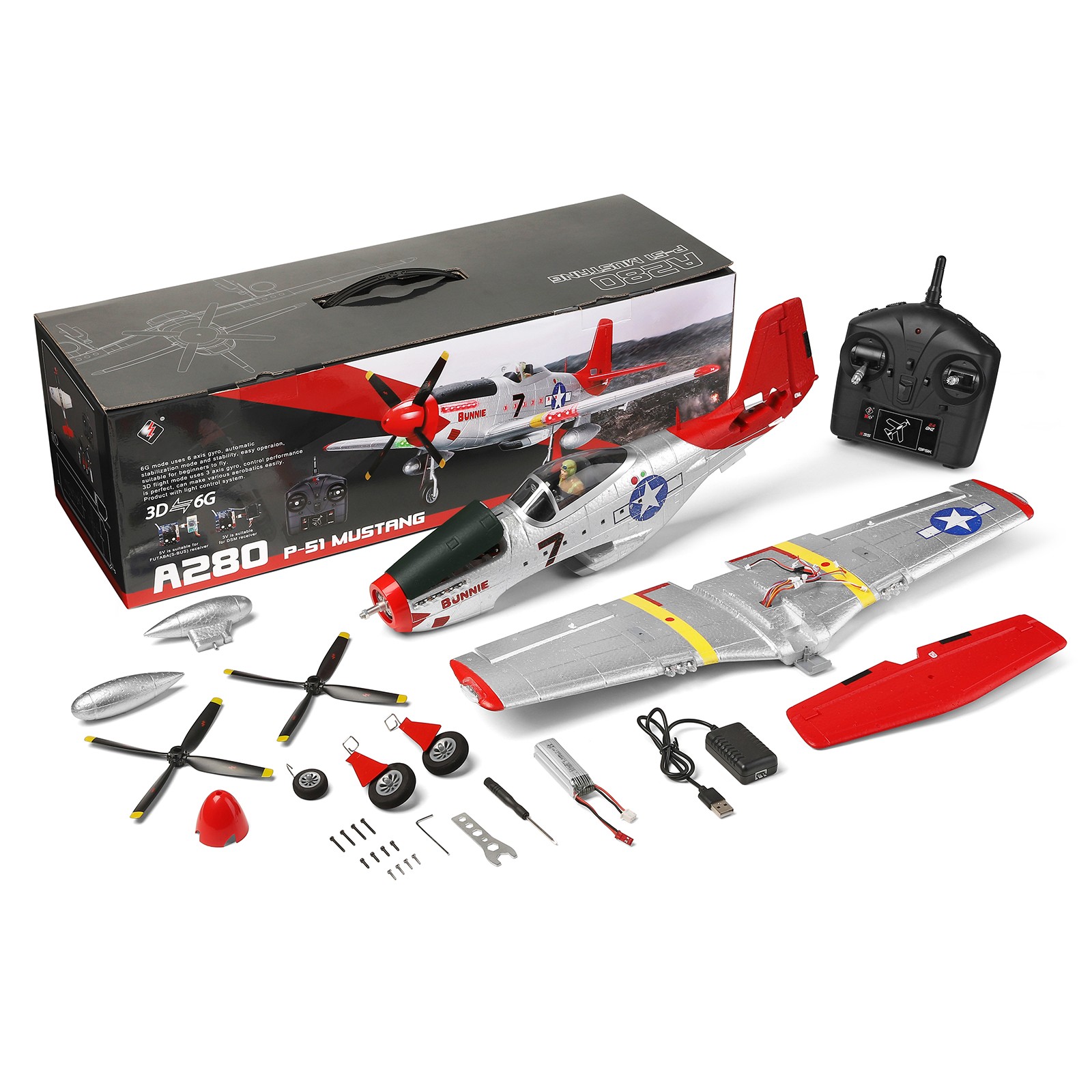 WLtoys XK A280 RC P51 Fighter 4CH Airplane 3D/6G Fixed Wing Brushless Motor Toy!