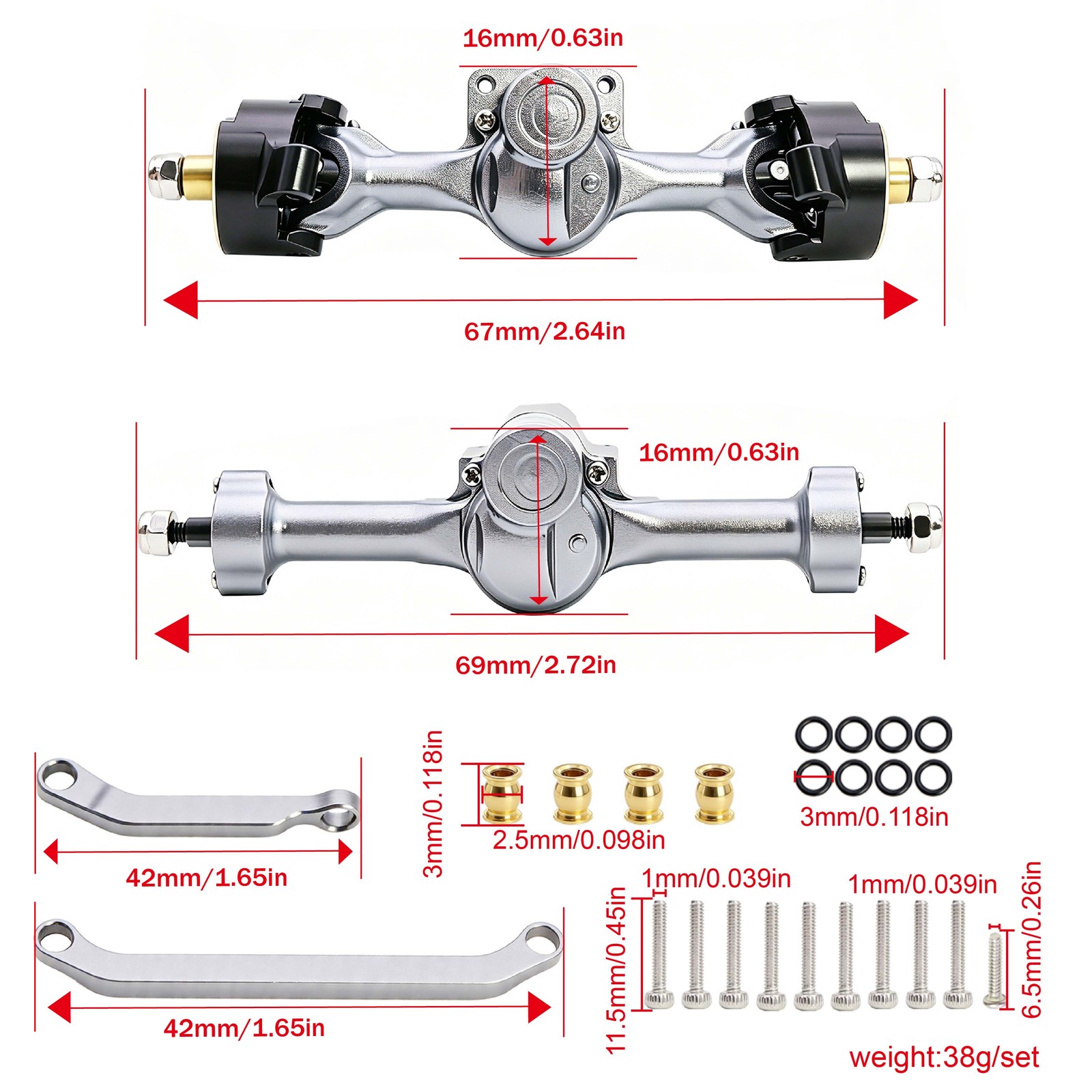 Front Rear Axle Assembly w/Brass Steering Knuckle For Axial SCX30 Bronco K10 ADE