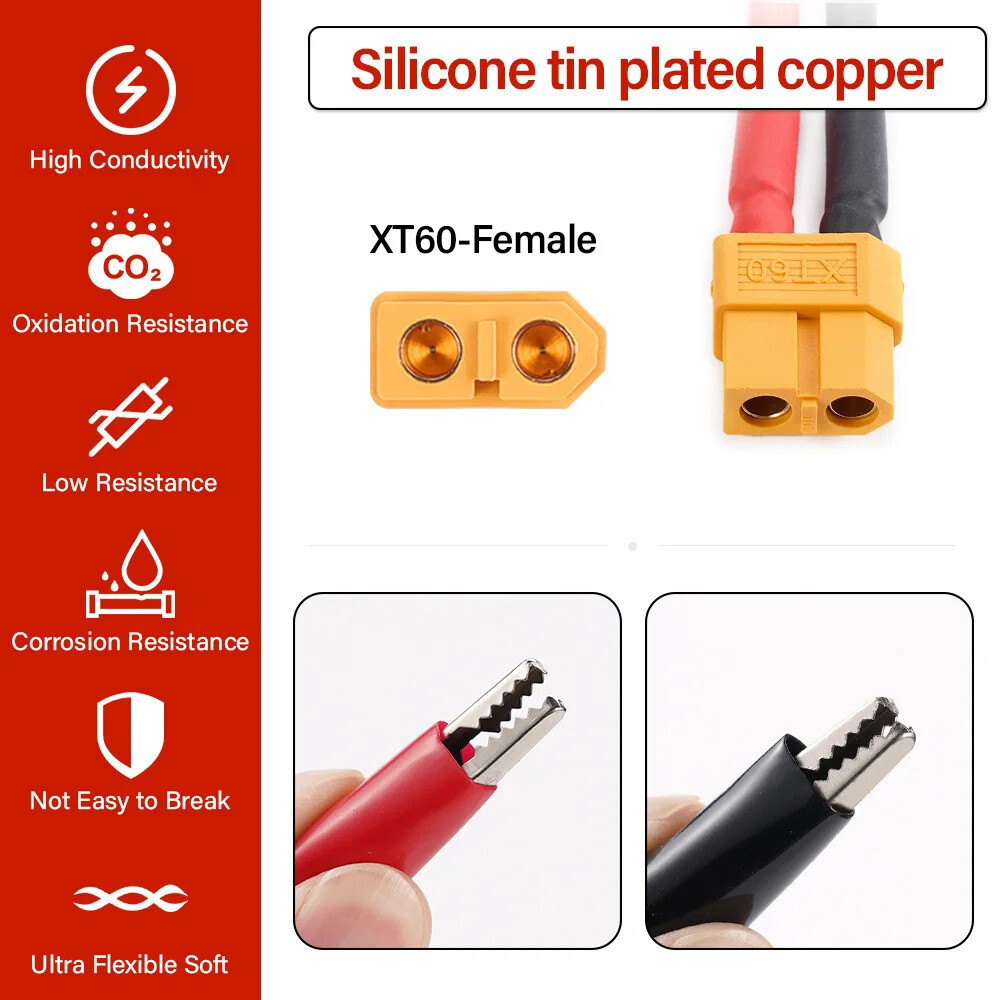 XT60 Female Plug to Alligator Clips Cable 14AWG 15cm 20cm 50cm for RC Battery