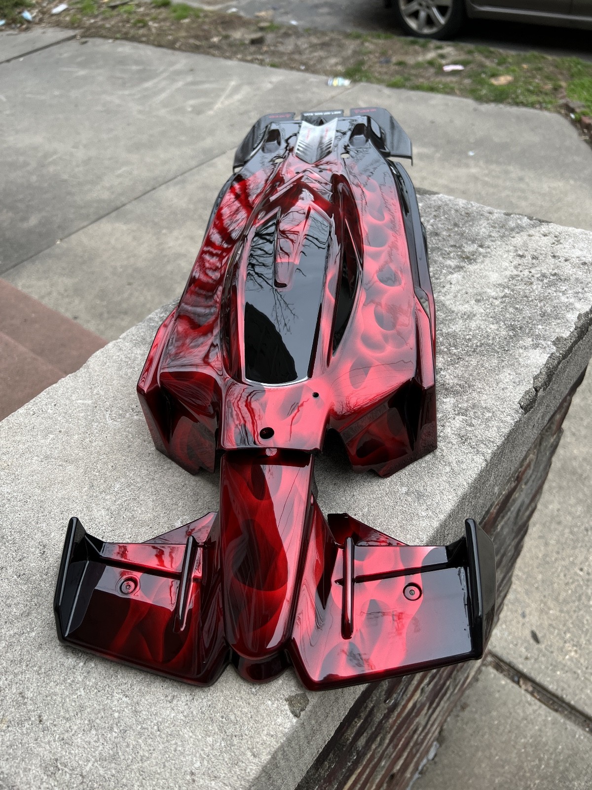 CUSTOM PAINTED RC BODY, ARRMA LIMITLESS, CANDY APPLE RED CHROME FLAMES