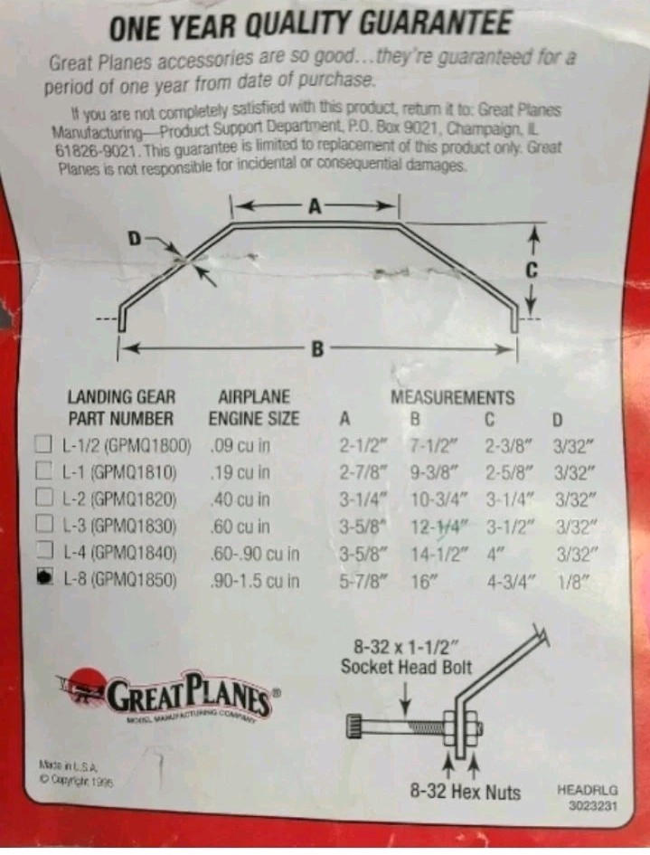 Great Planes Dural L-3 Aluminum Landing Gear Med GPMQ1830 .60 Size – NEW!