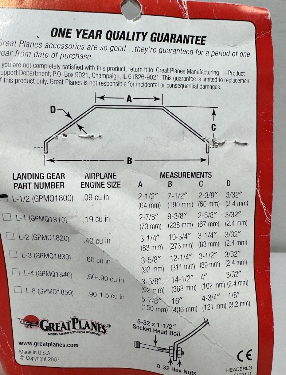 Great Planes Dural L-1/2 Aluminum Landing Gear GPMQ1800 .09 Size – Brand NEW!