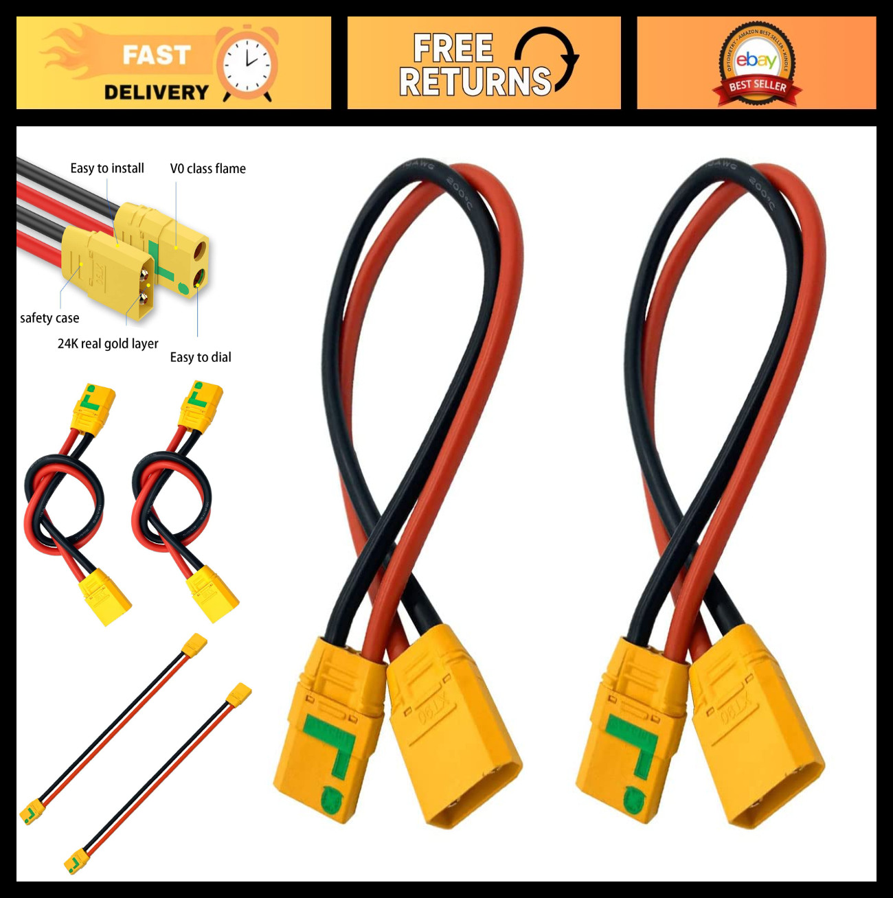 Anti-Spark XT90 Plug Extension Cable 10AWG for RC Lipo Battery & FPV Drone 30CM