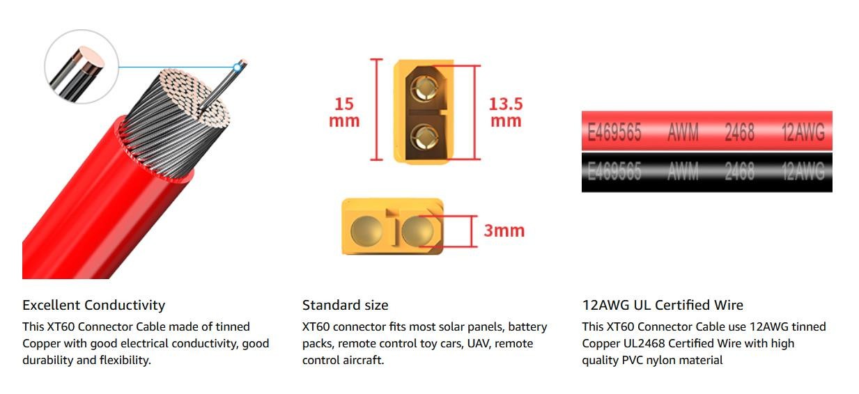 1FT 12AWG XT60 Battery Y Splitter Cable Male Female for UAV Phantom RC Motor Car