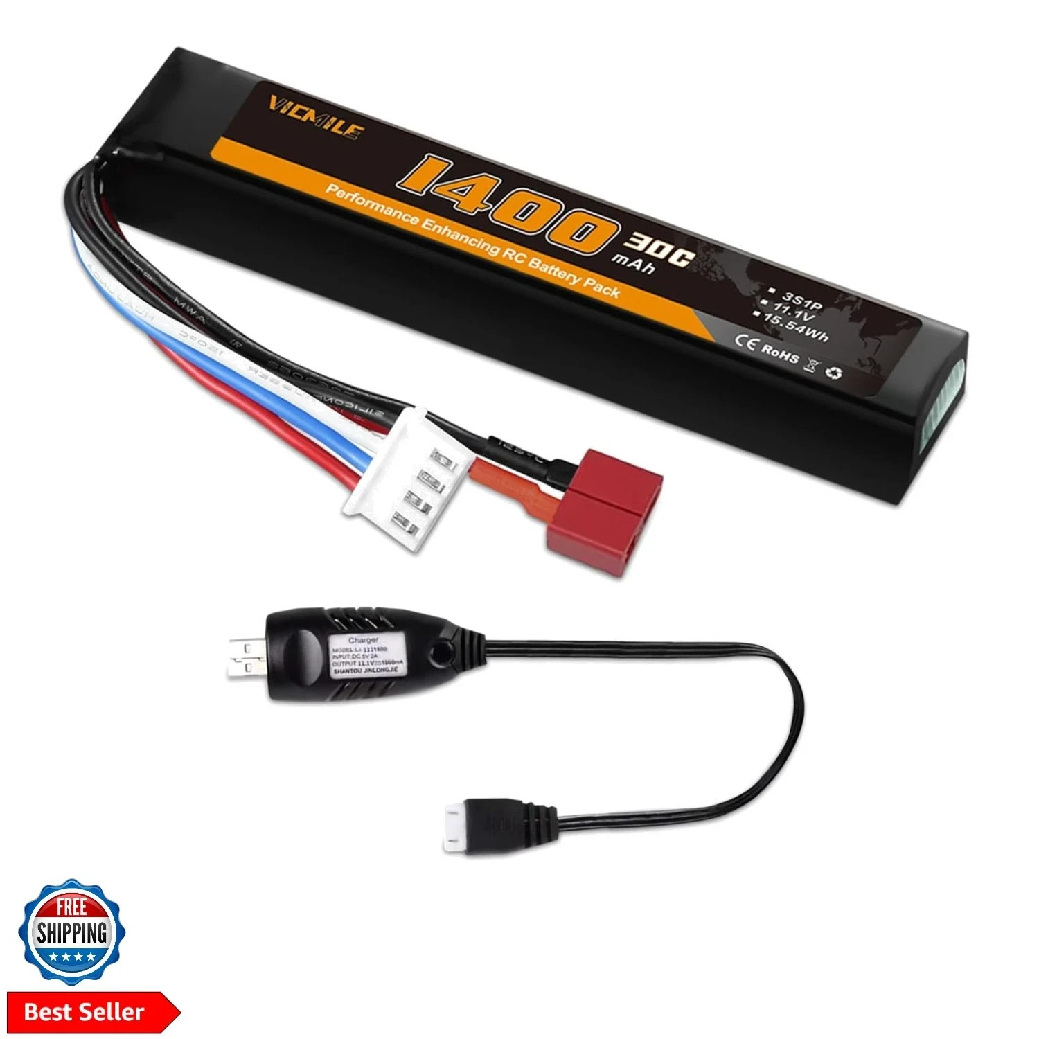 3S Airsoft Battery 30C 11.1V 1400mAh Dean-Style T Plug with 11.1V USB Charger…