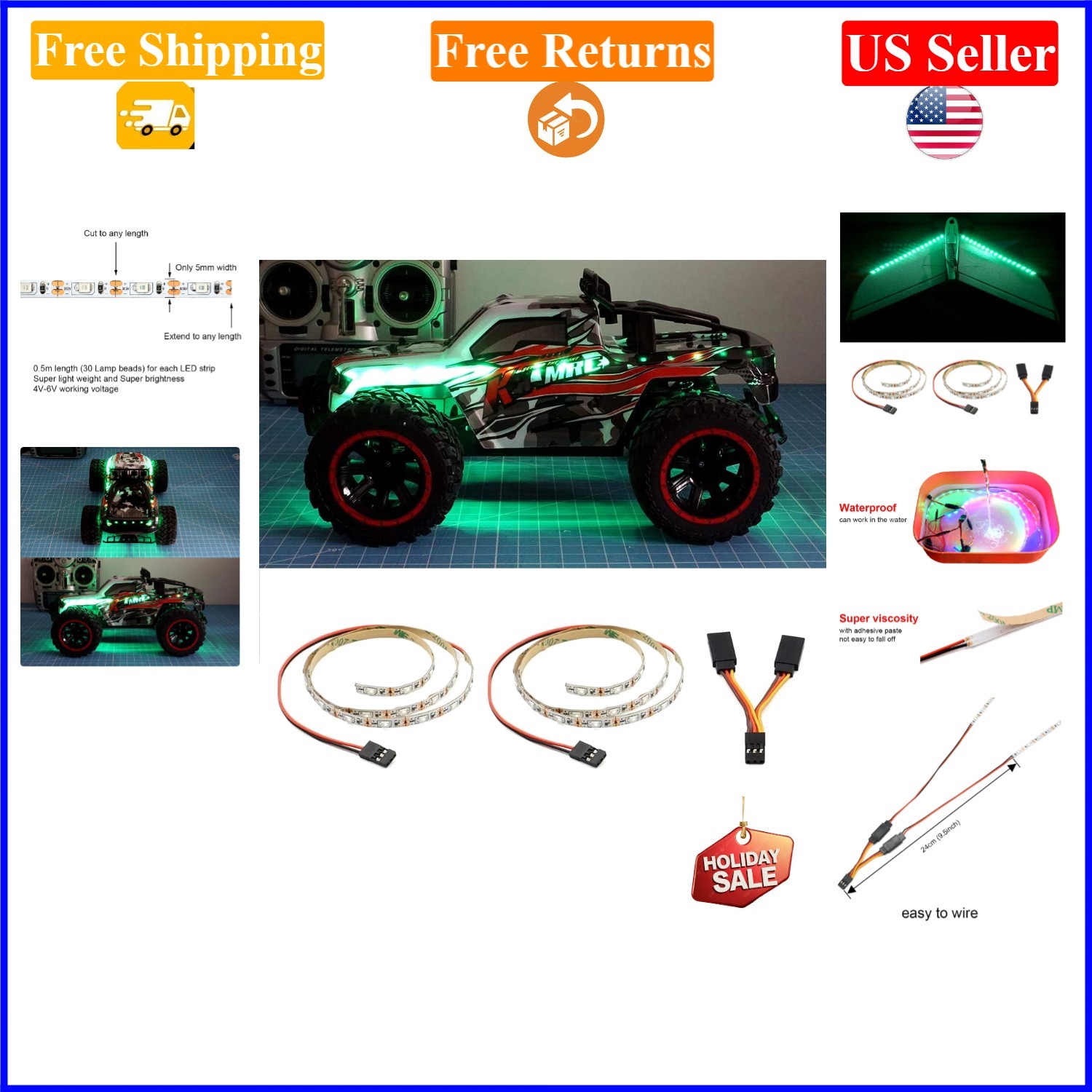 Green LED Light Strip for RC Airplanes, Drones, Trucks, & Cars 0.5m Waterproof