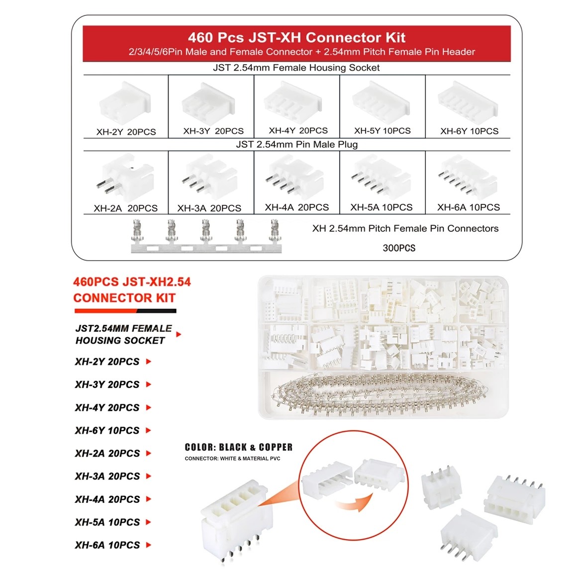 460Pcs 2.54mm JST-XH Connector Kit with 2.0mm Female Pin Header and 2/3/4/5/6
