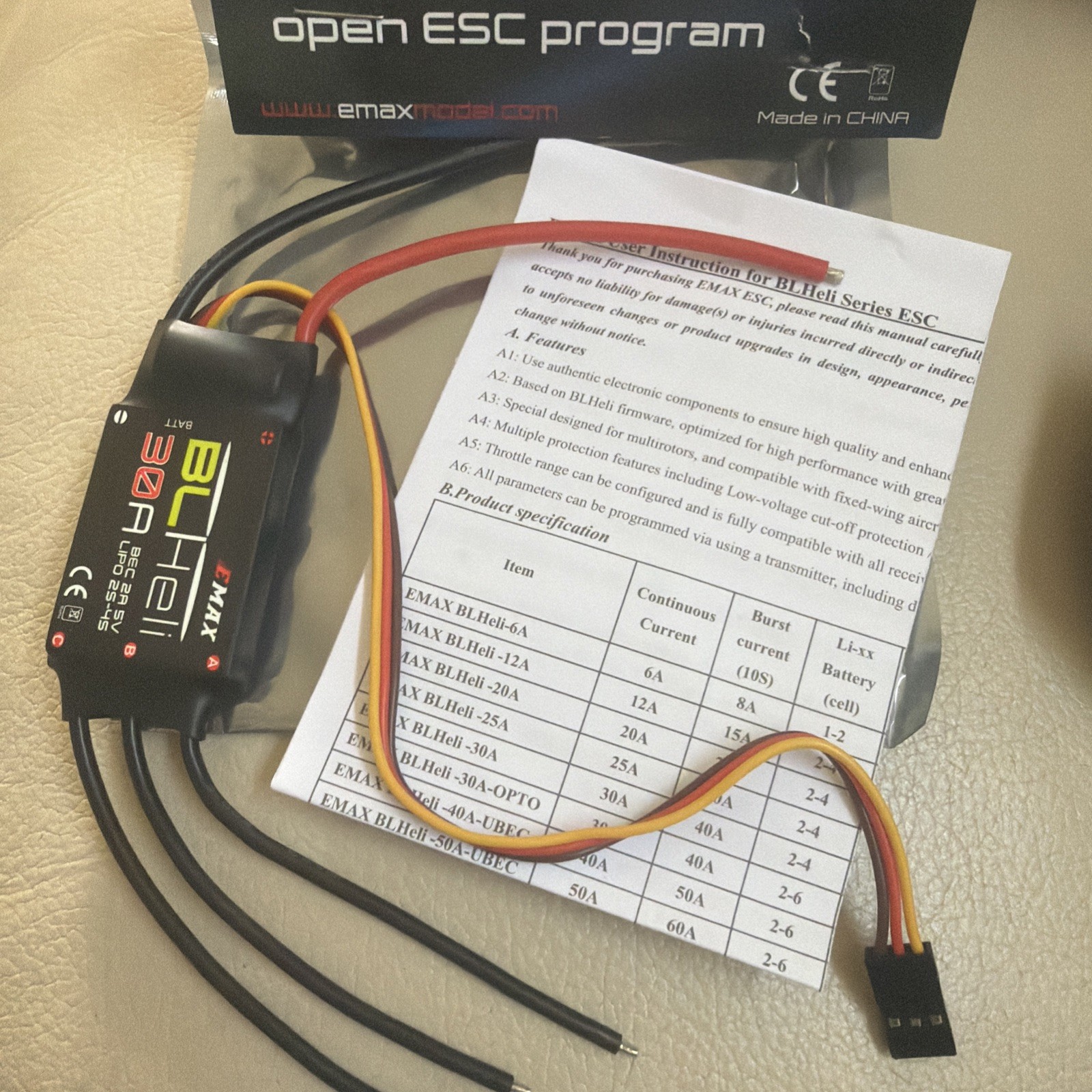 EMAX BLHeli Brushless ESC, 12A-80A Optional 2-6S LiPo RC Drone Firmware (30A)