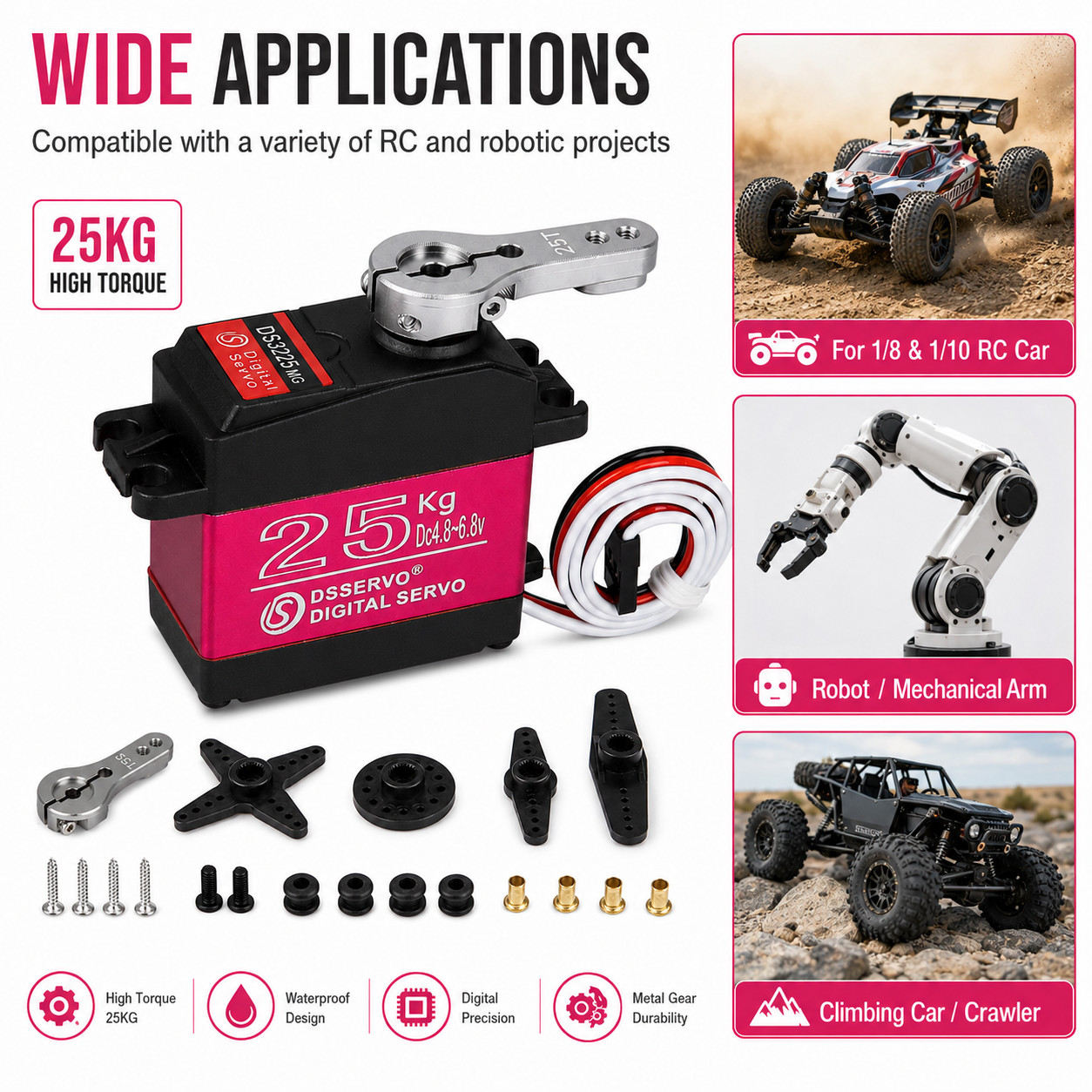25KG Digital Servo High Torque Waterproof Metal Gear w/ 25T Arm for RC Car Robot
