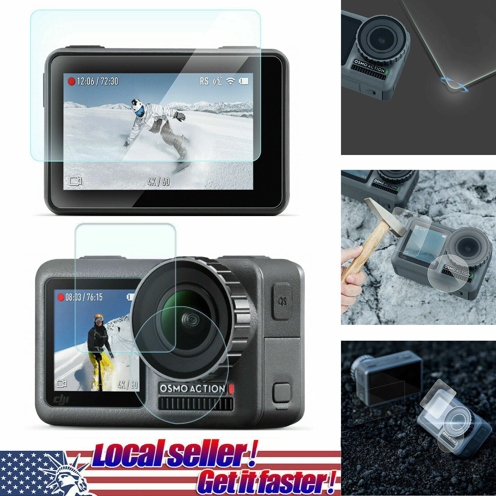 3 Pcs 9H 2.5D Tempered Glass Lens Film Screen Protector DJI OSMO Action CameraUS