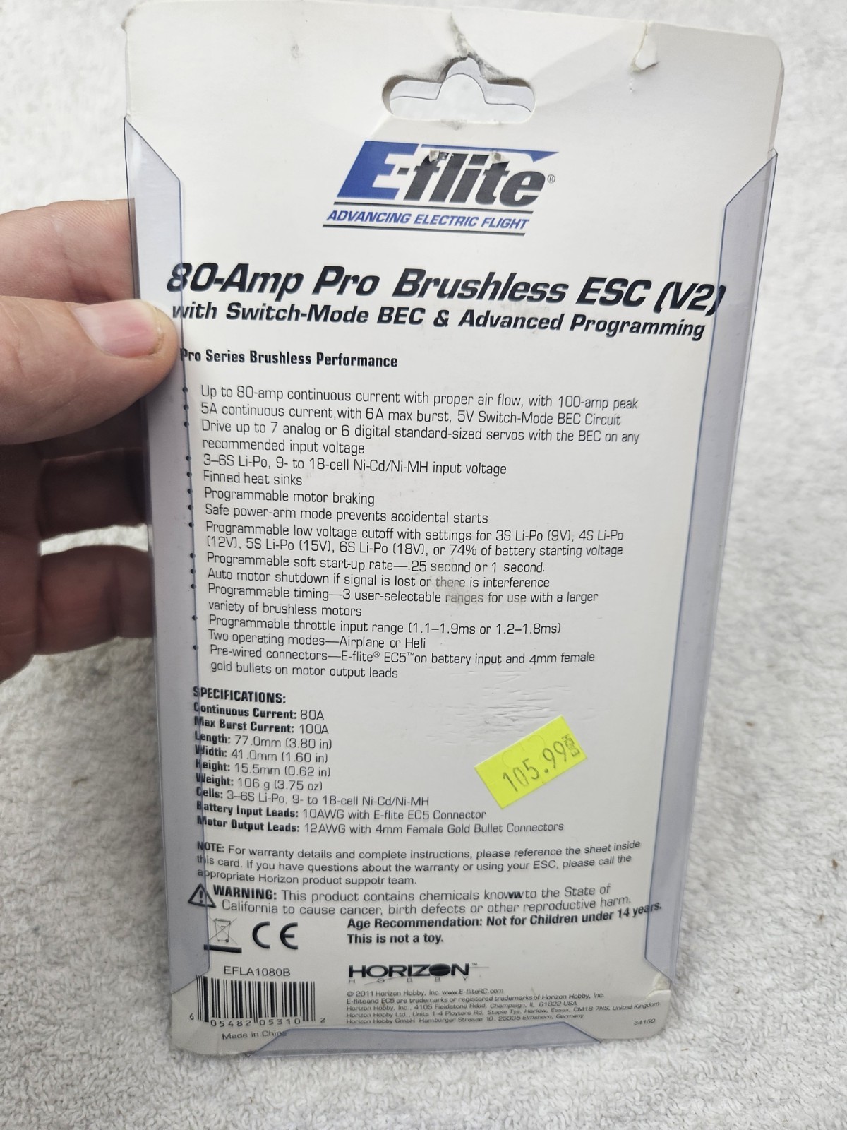E-FLITE EFLA1080B 80 AMP PRO BRUSHLESS ESC V2 SPEED CONTROL NEW