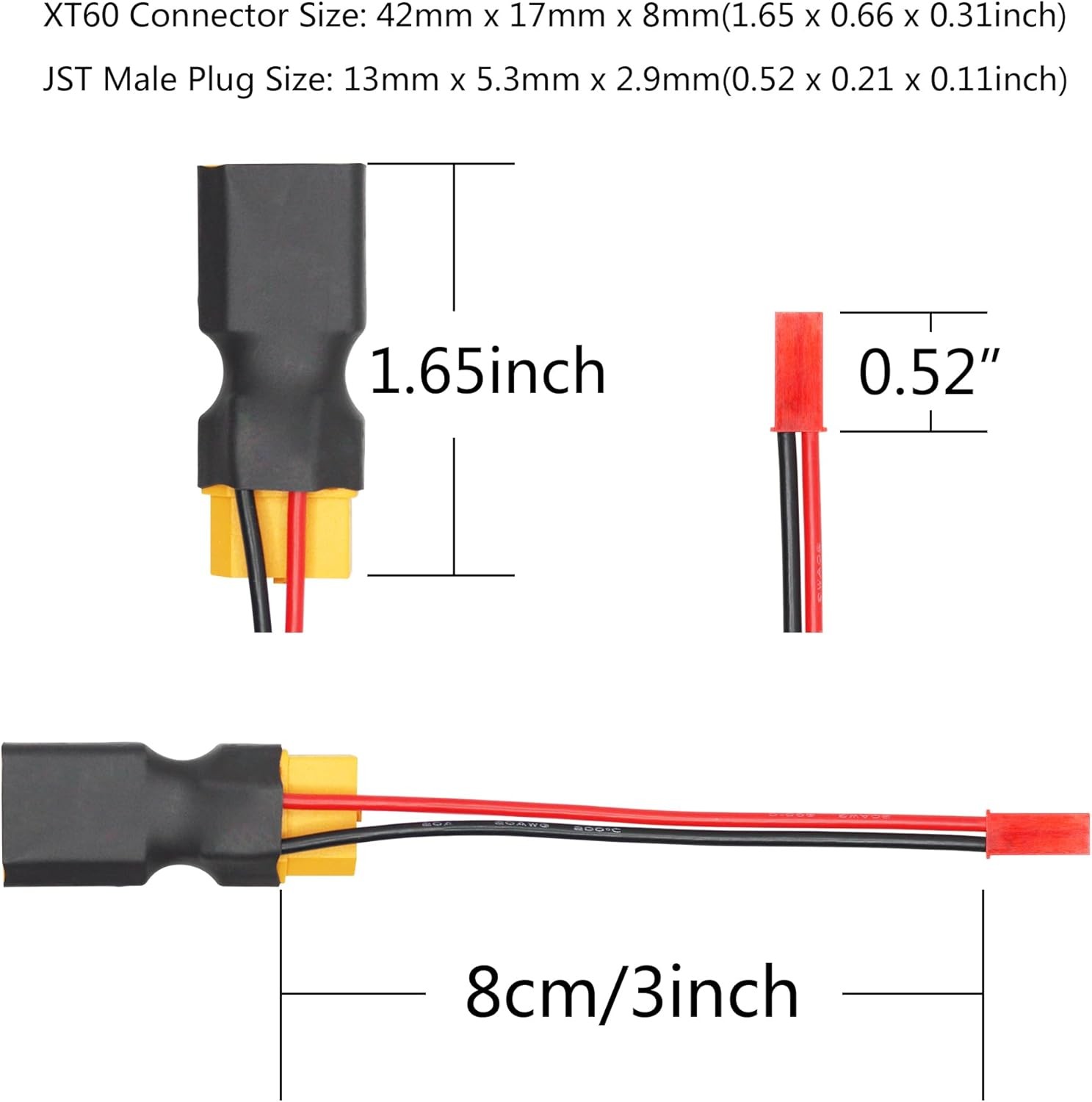 3Pcs XT60 Male to Female Connector Adapter with JST Plug 20awg 8cm…