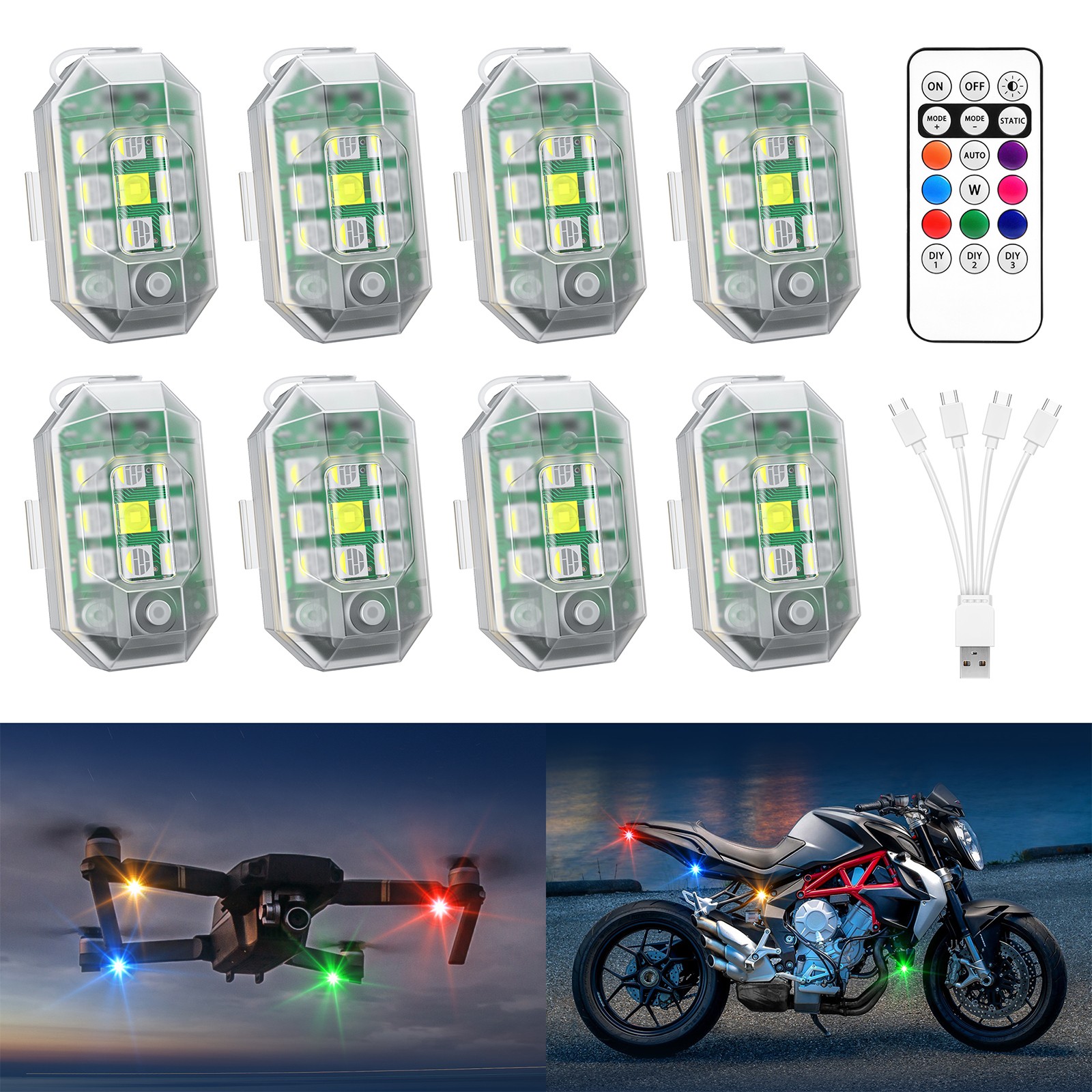 8PCS Wireless LED Strobe Lights w/Remote Control Waterproof Anti-Collision Lamp