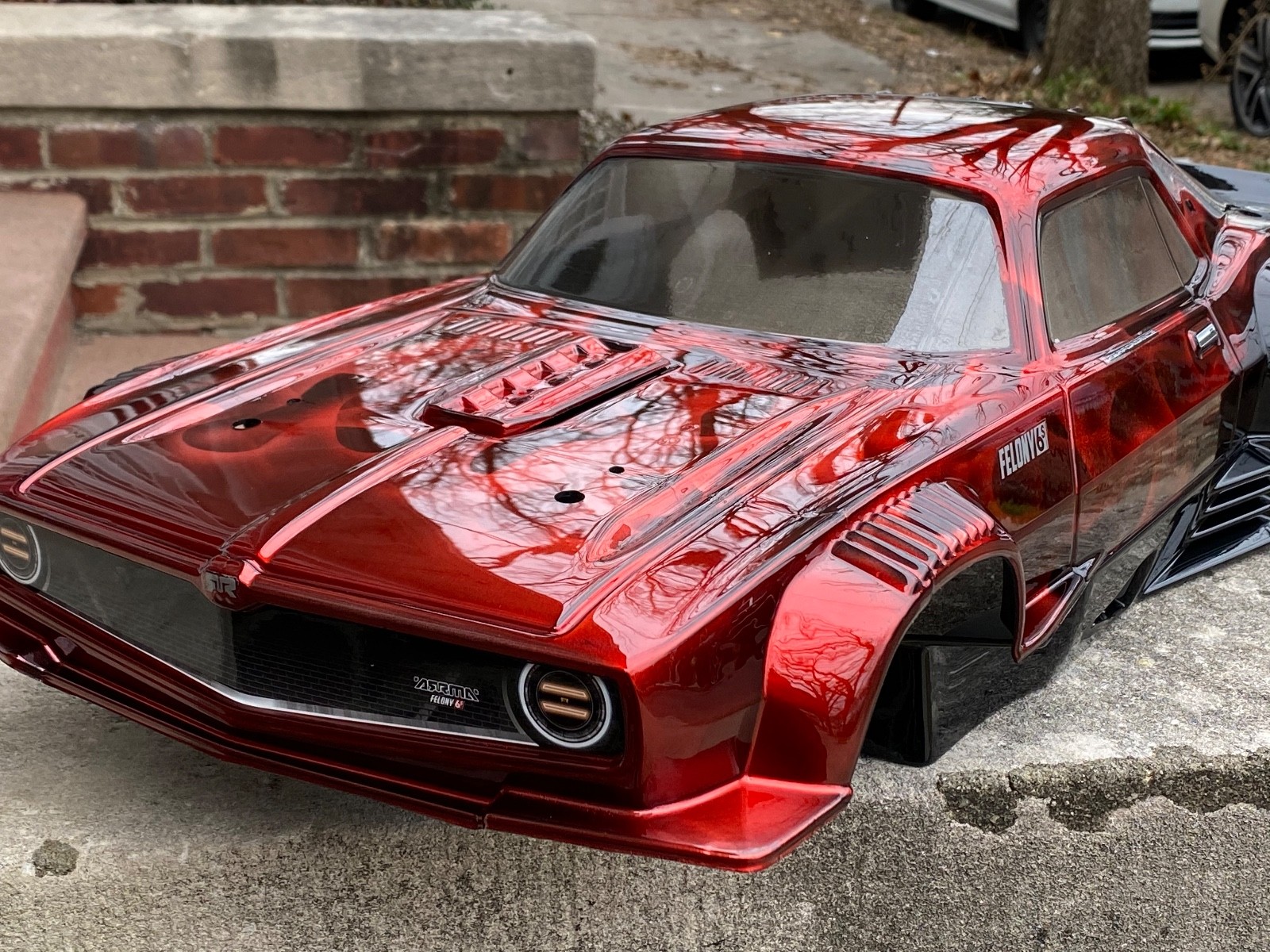 CUSTOM PAINTED RC BODY, ARRMA FELONY 1/7 SCALE, CANDY RED CHROME FLAMES
