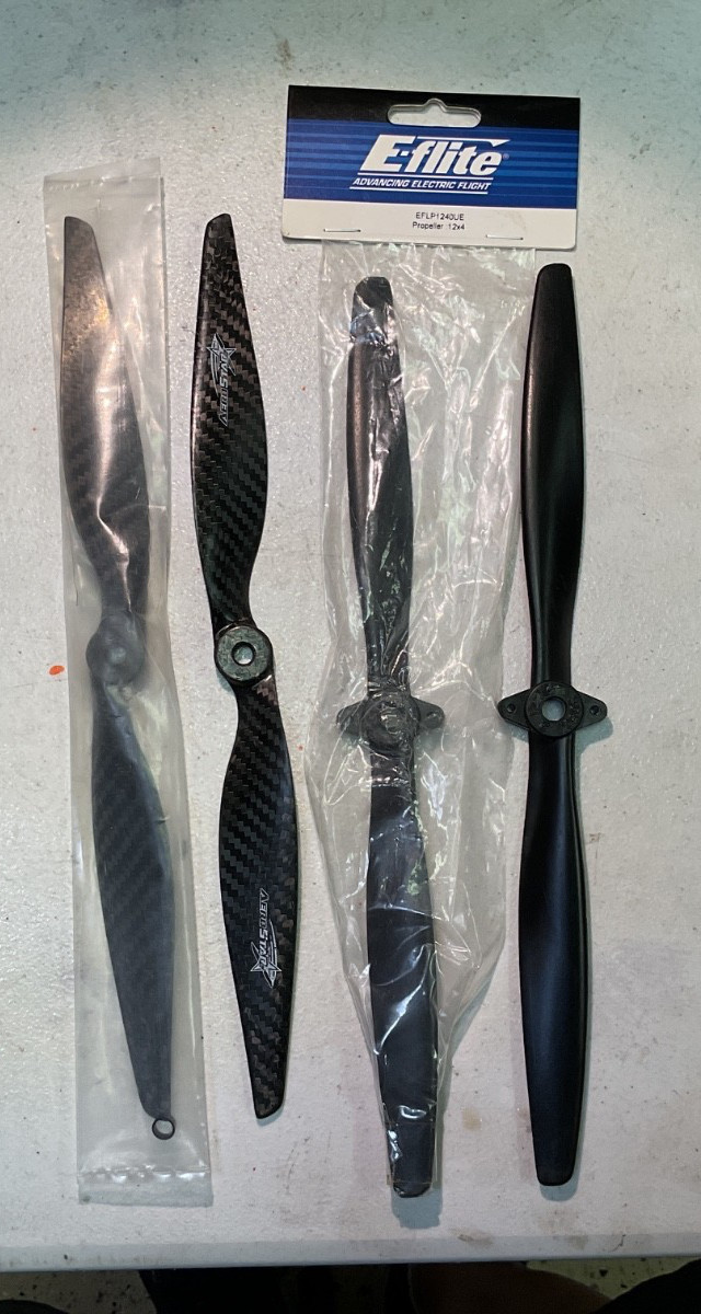 2 ea. AeroStar Carbon Fiber 12×6 E Props and 2 ea. E-Flite 12×4 E Props.