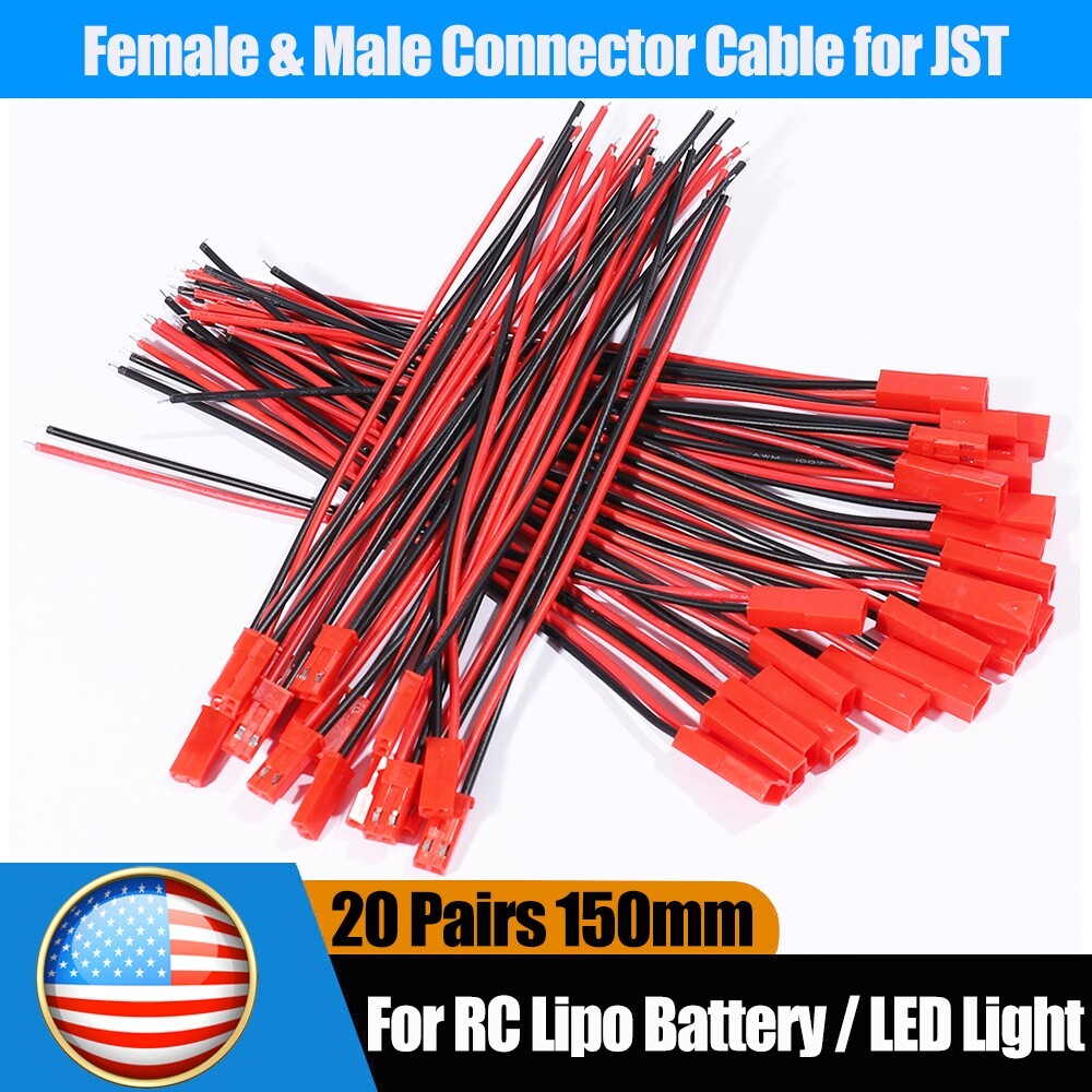 20set Cable Wire for JST Plug Male Female Connector RC Lipo Battery 1.25PH 2-Pin