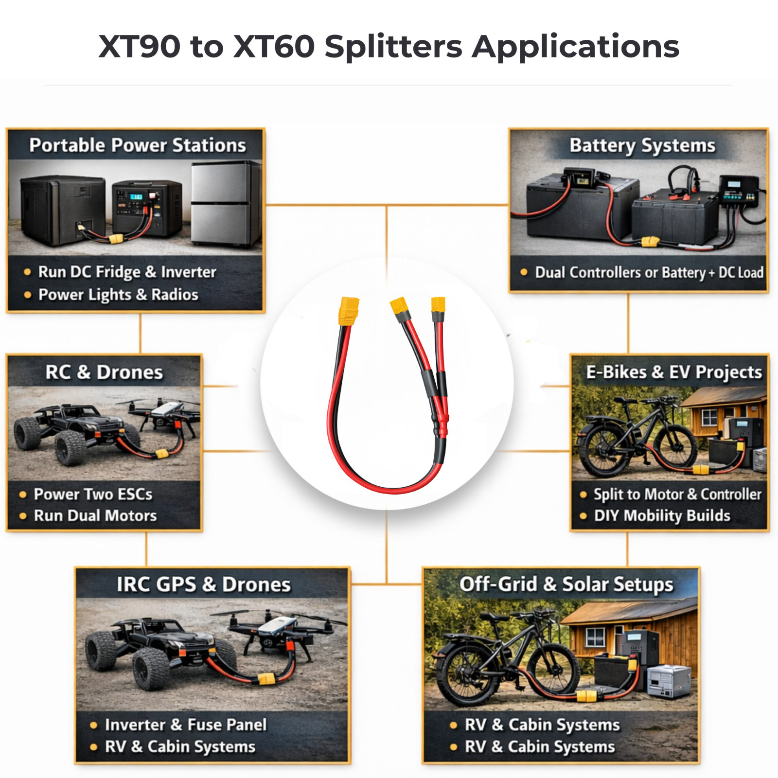 XT90 to XT60 Y Splitter Cable 10AWG Female Male Connector 2 Way 1 to 2
