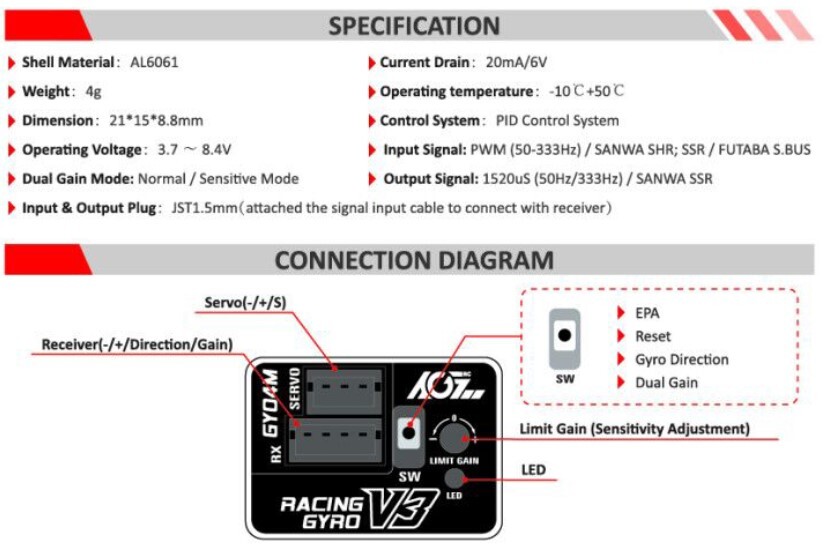 AGFRC GY04M Drift/Racing Gyro for Mini RC Cars Mini Z