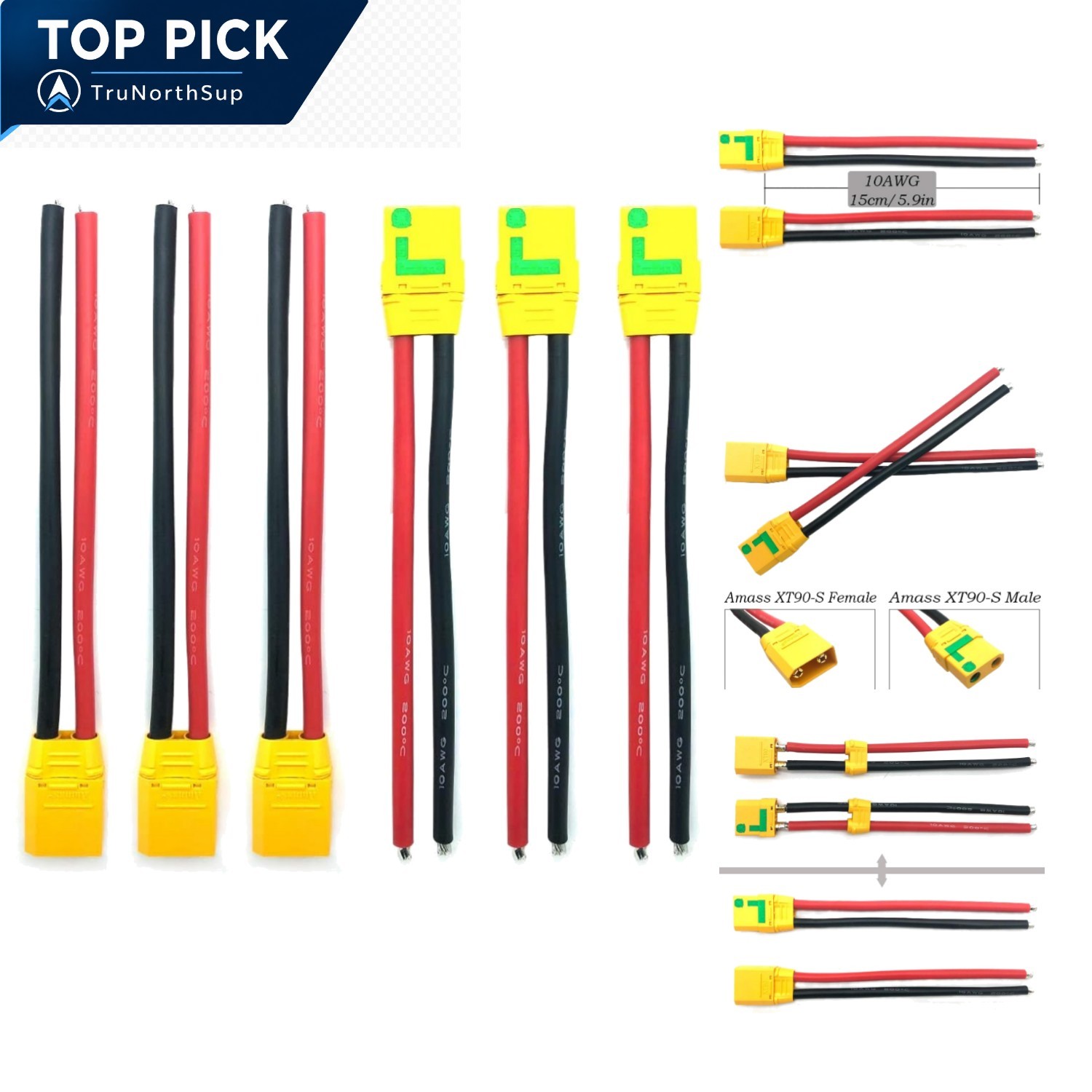 3 Pairs Amass XT90S XT90 Connectors with 150mm 10AWG Silicon Wire – Anti-Spar…