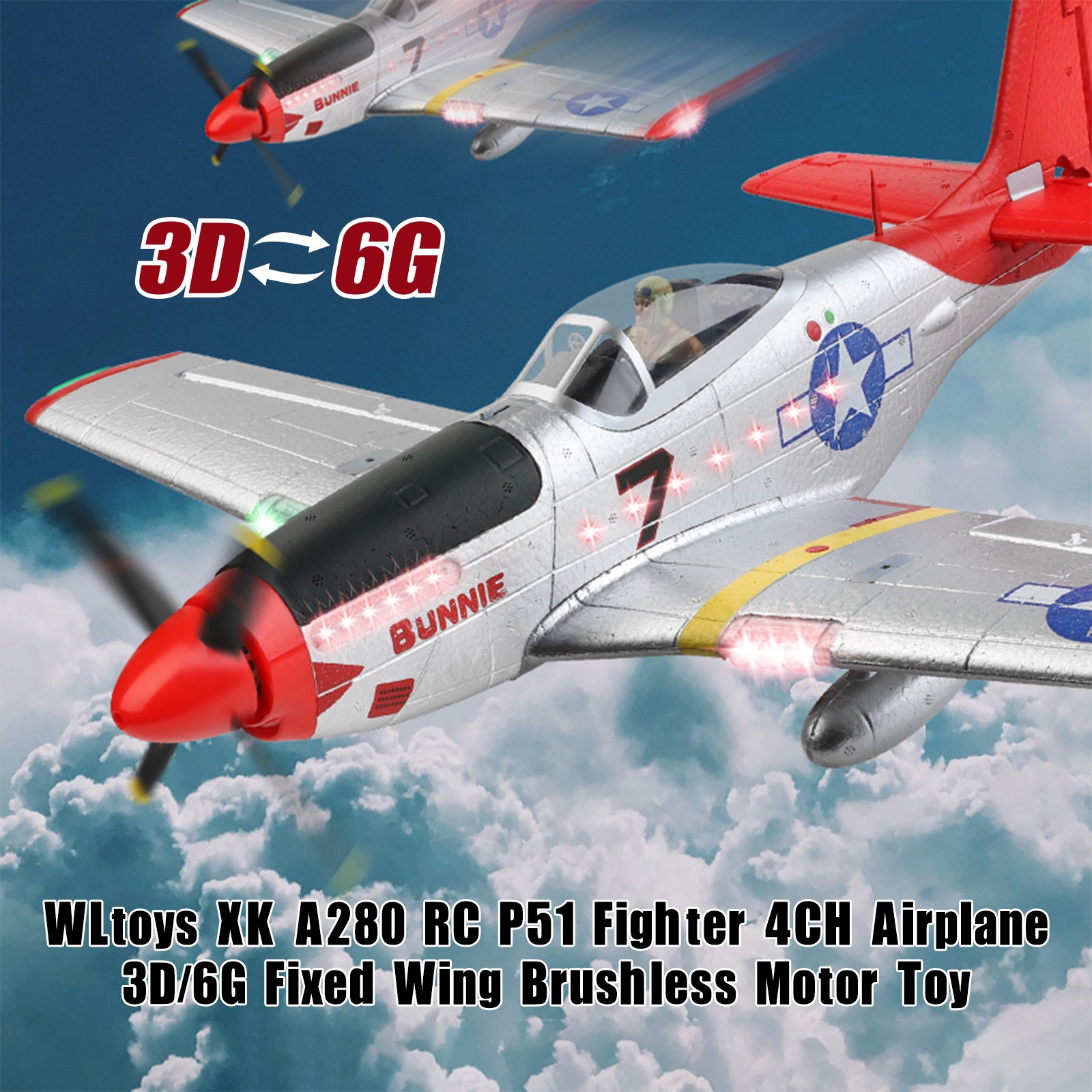 WLtoys XK A280 RC P51 Fighter 4CH Airplane 3D/6G Fixed Wing Brushless Motor Toy!