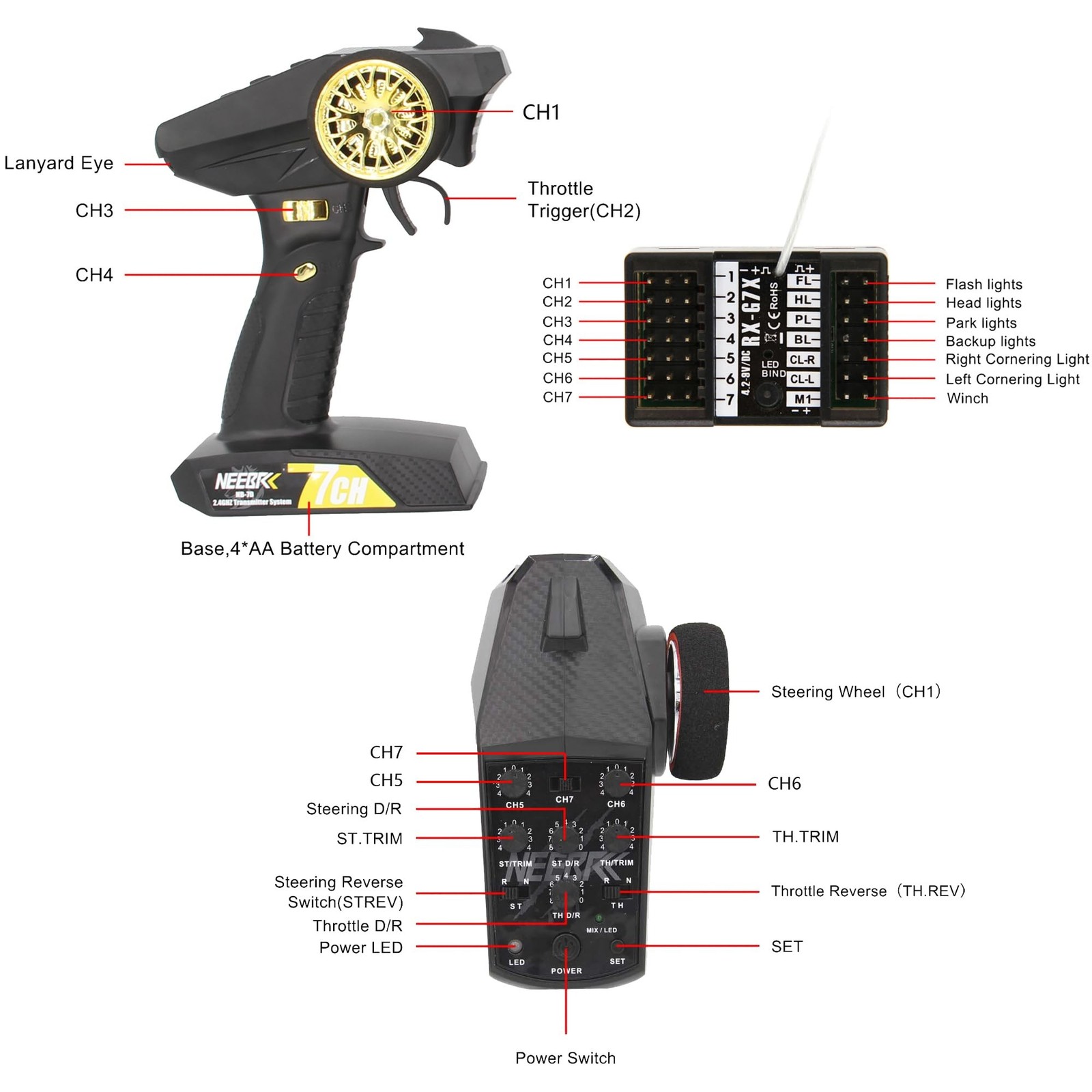 7 Channels RC Transmitter with Receiver Built-in Light Control System and 12L…
