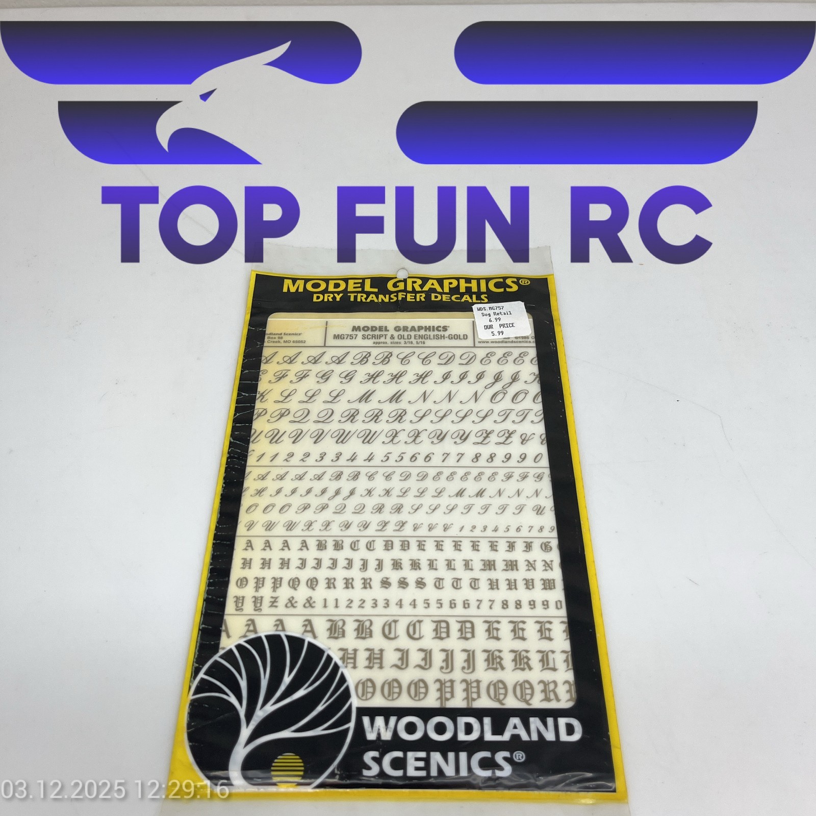 WOODLAND SCENICS MG757 SCRIPT & OLD ENGLISH GOLD DRY TRANSFER DECALS FOR RC
