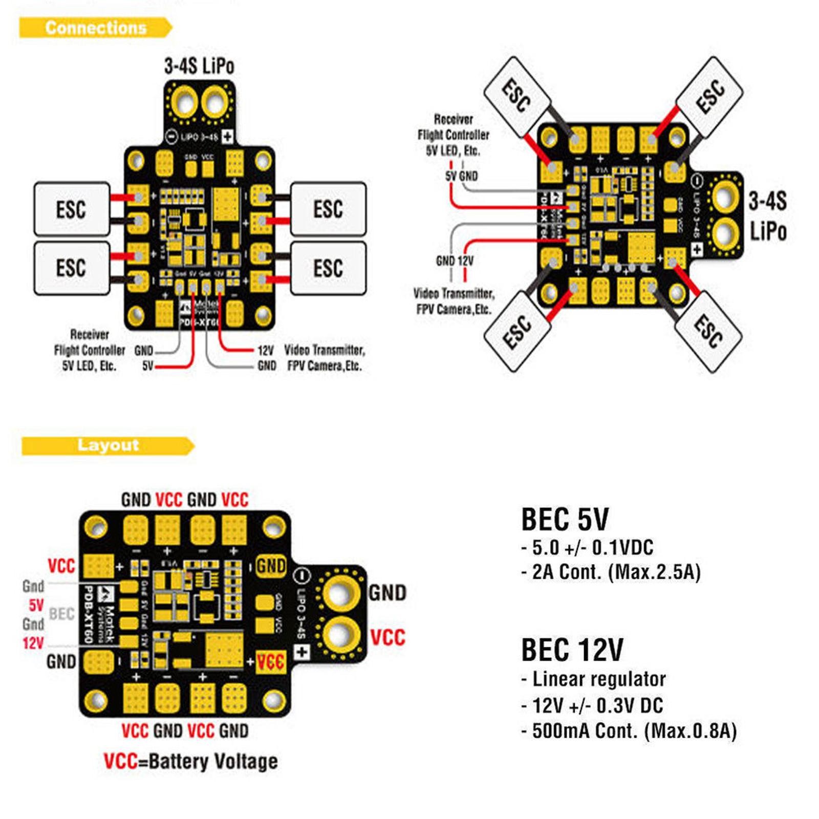 PDB XT60 With Dual BEC 5V/12V Power Distribution Board Module For FPV Drone RC