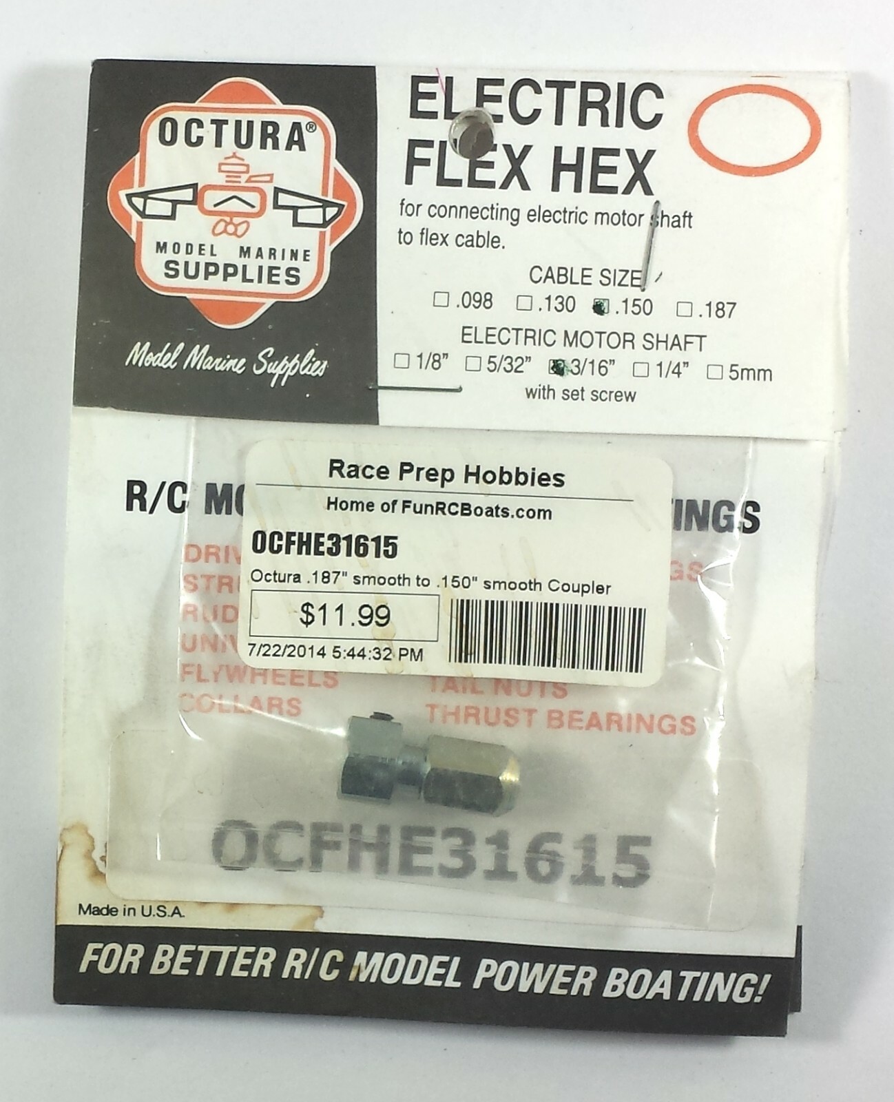 Octura OCFHE31615 Flex Hex Assembly for connecting flexible shaft to motor.
