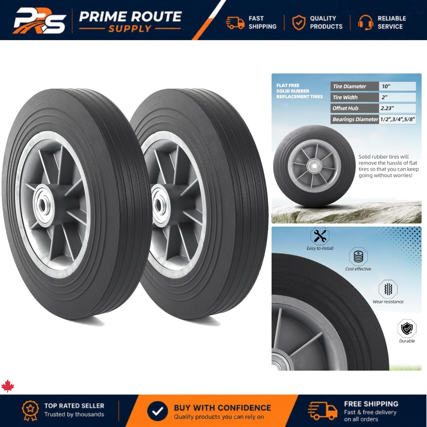 Puncture-Proof 10-Inch Flat Free Solid Rubber Tires – 2-Pack Universal Fit